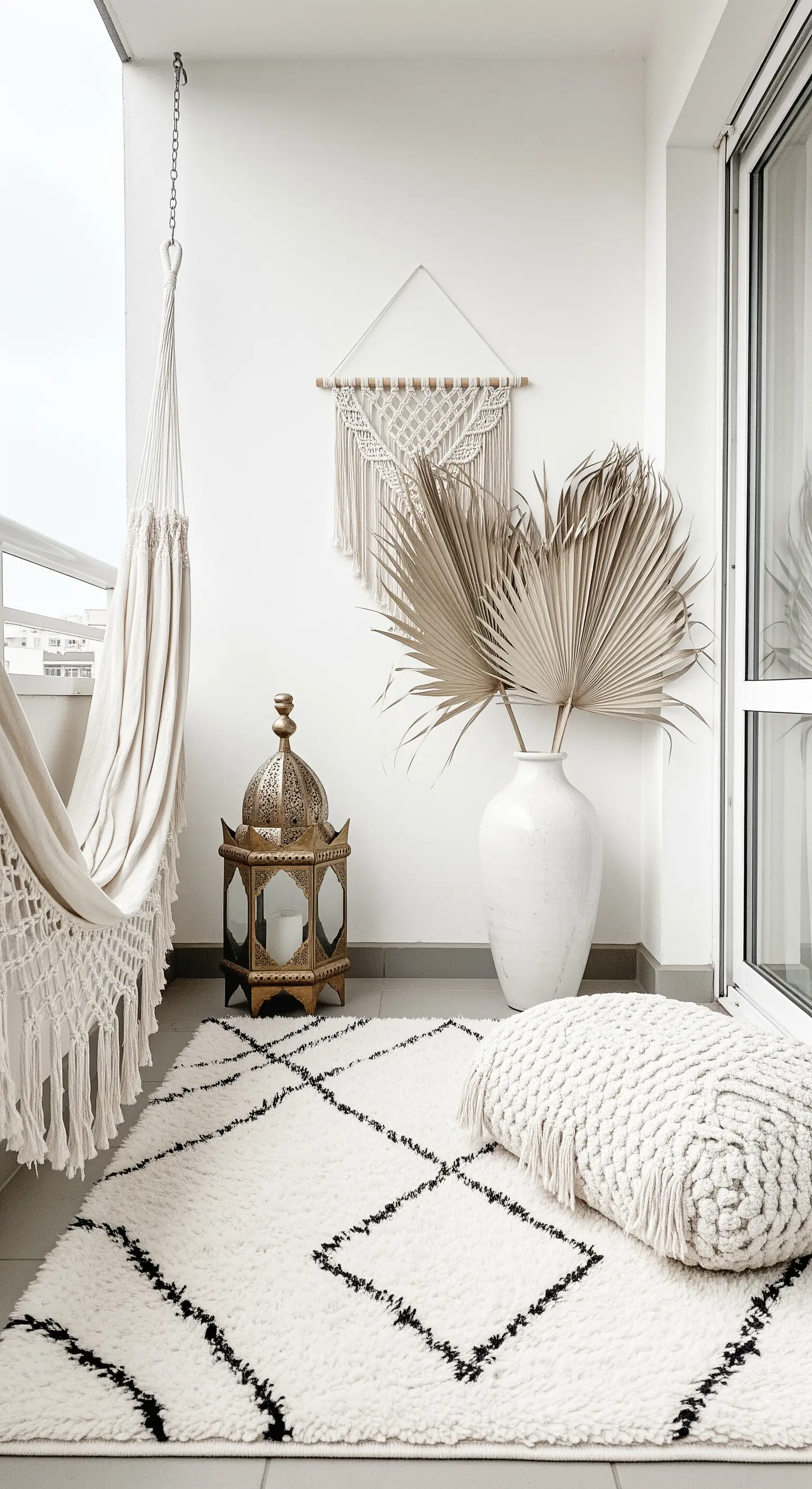 Balcone minimalista bohémien con tappeto berbero bianco, amaca, pouf e foglie di palma.
