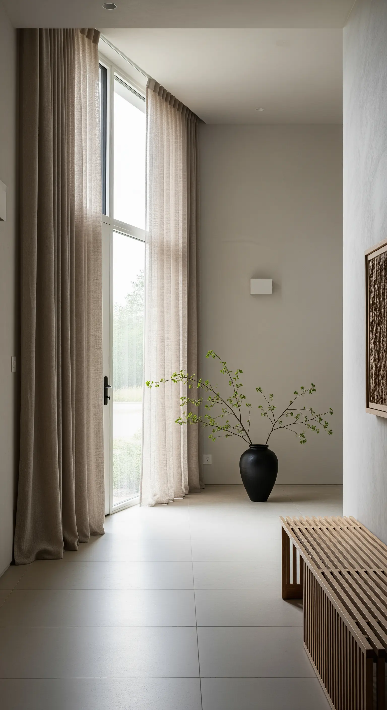 Ingresso minimalista con pareti e tende beige, panca a listelli e un grande vaso nero.