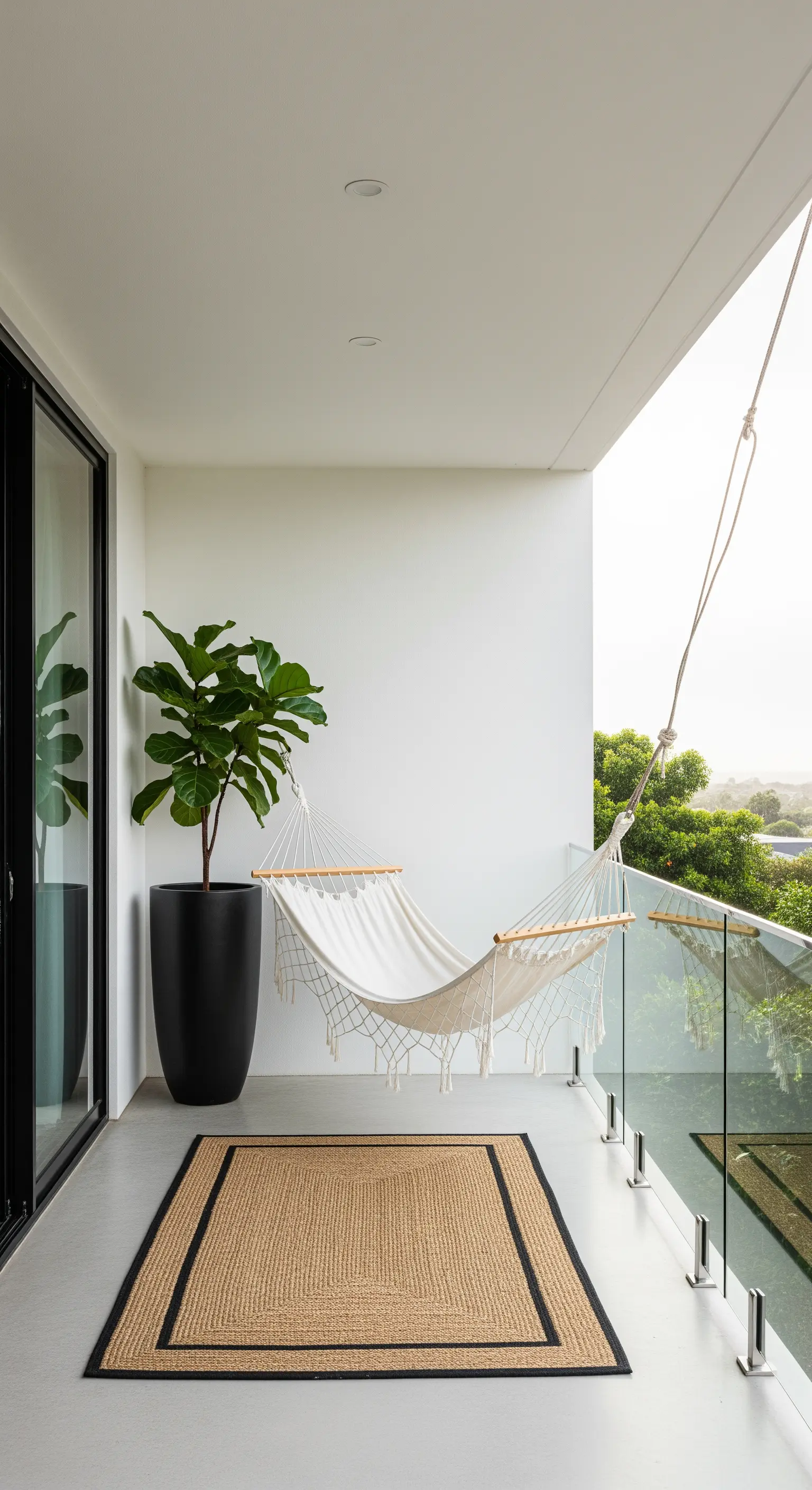 Balcone minimalista con amaca bianca, grande pianta in vaso nero e tappeto di iuta.