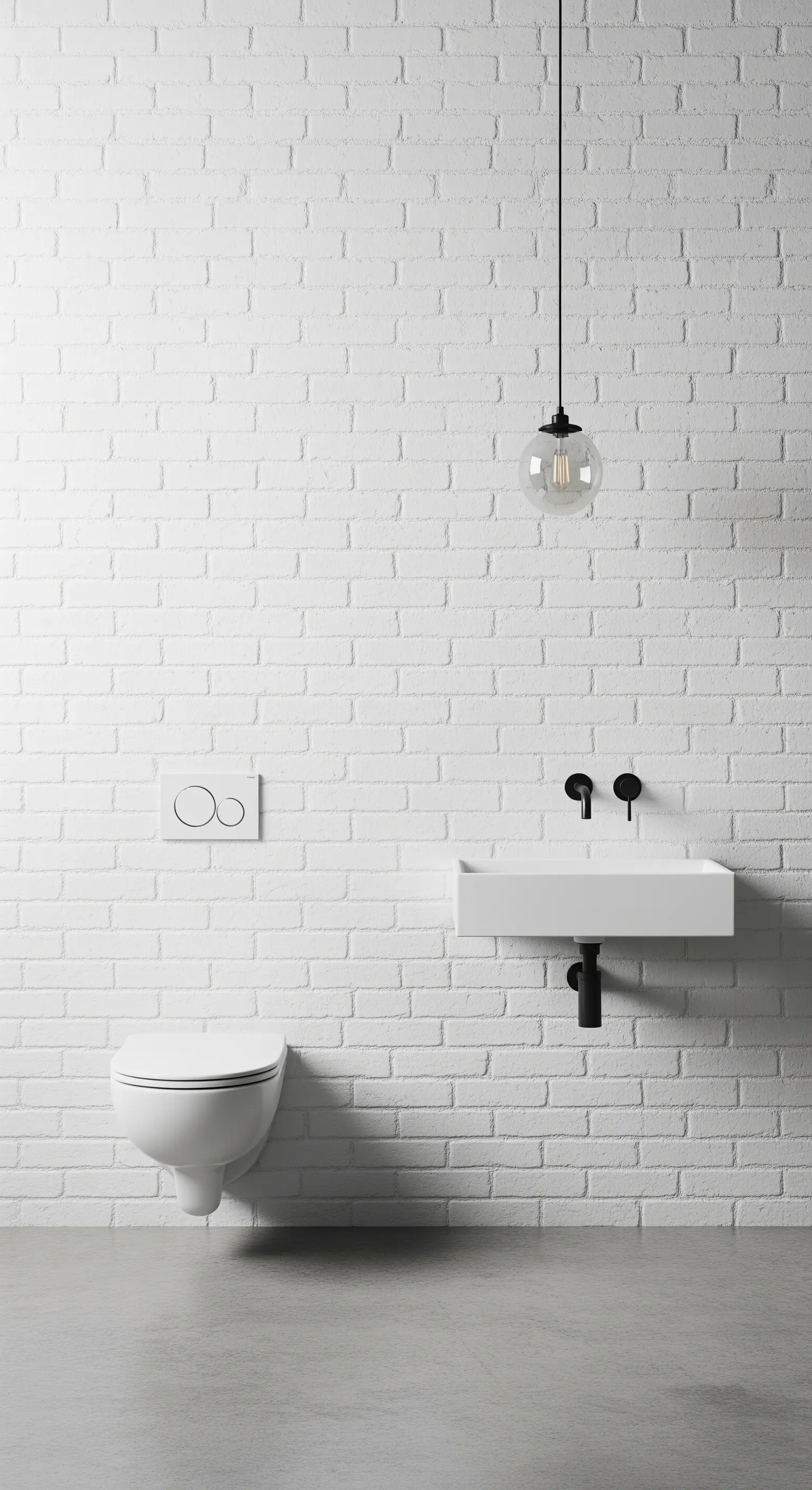 Bagno minimalista con sanitari sospesi, parete di mattoni bianchi e una lampada a globo.