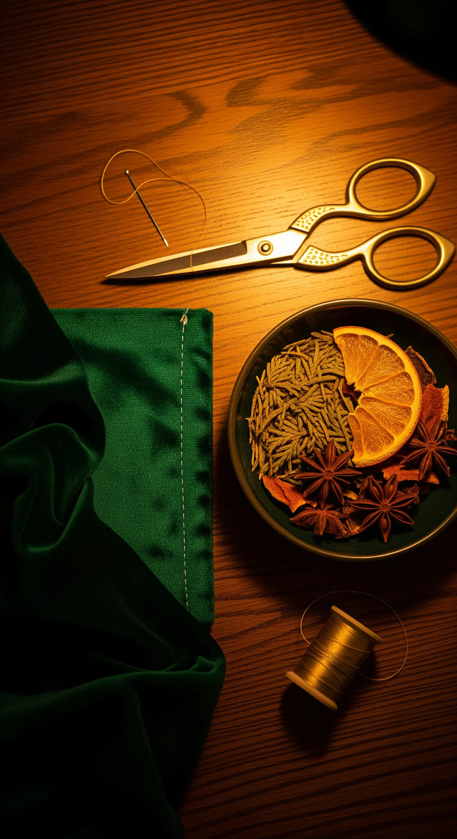 Ingredienti per un pot-pourri e un sacchetto di velluto verde in preparazione su un tavolo di legno.
