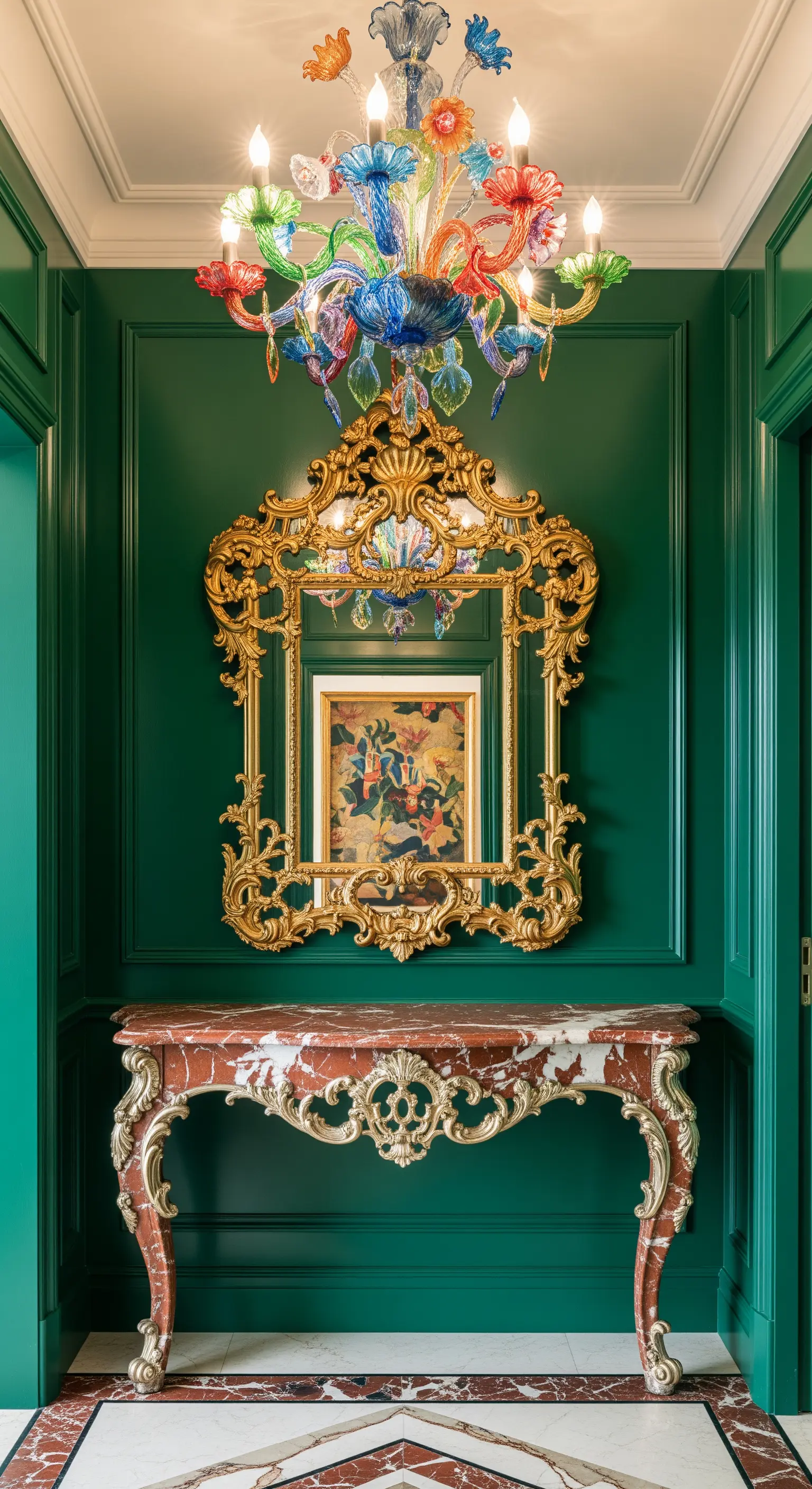 Ingresso massimalista con pareti verdi, cornice dorata, consolle in marmo rosso e lampadario di Murano.
