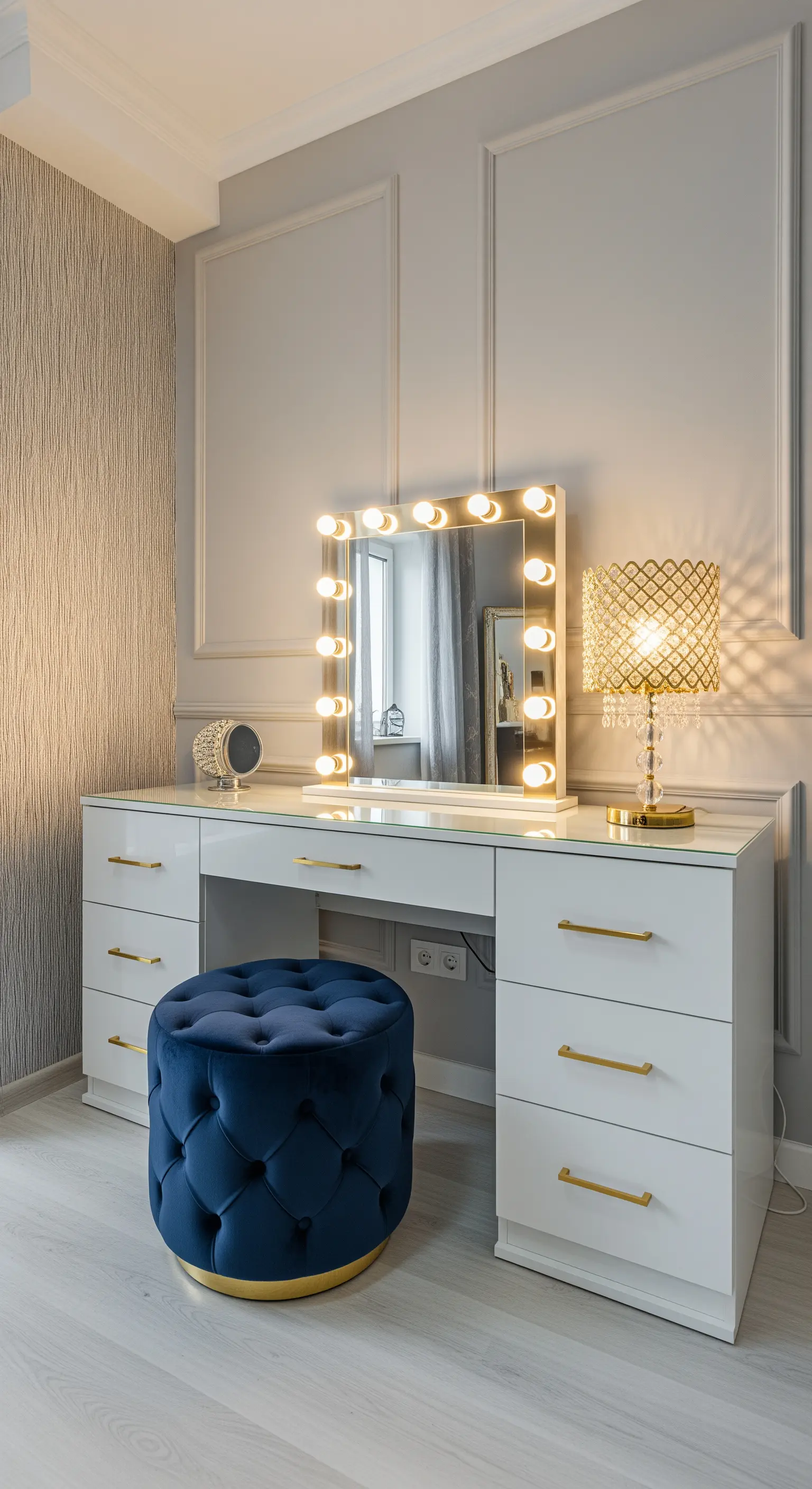 Toeletta bianca con pouf capitonné in velluto blu e specchio con luci.