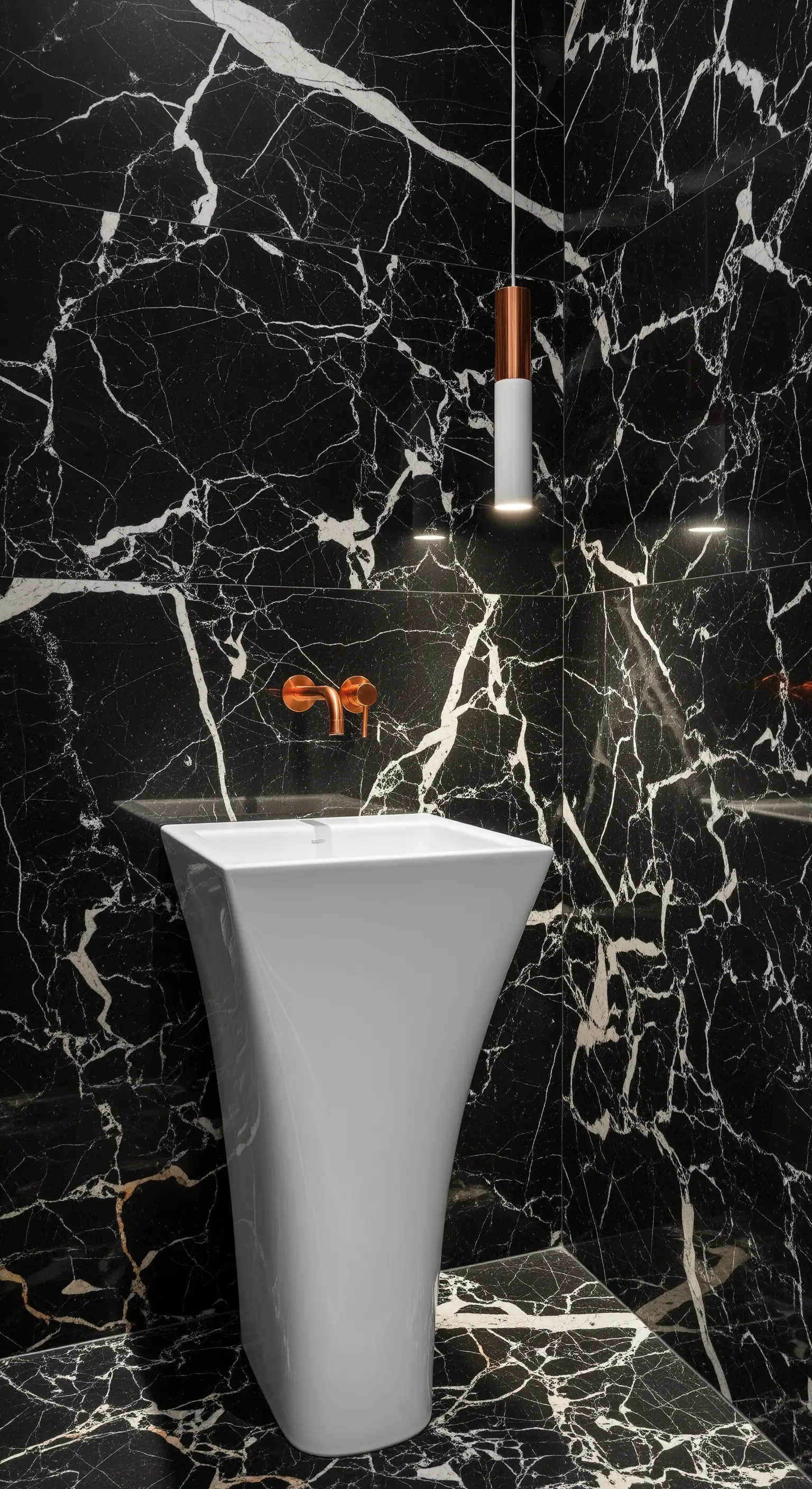 Bagno con pareti in marmo nero, lavabo a colonna bianco e rubinetteria in rame.