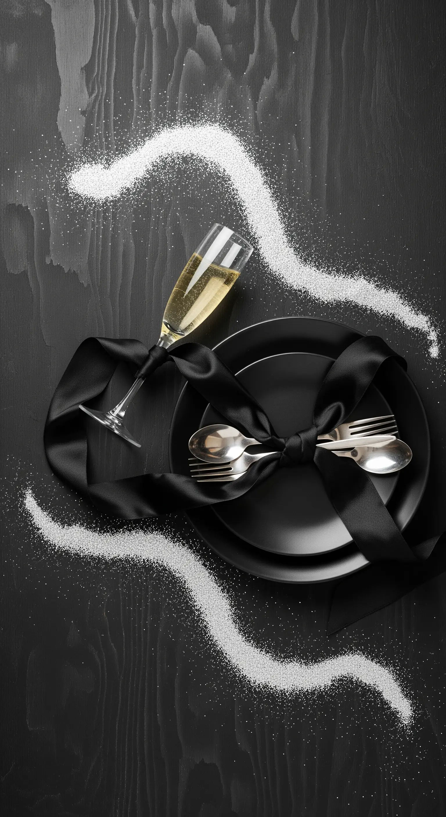Piatto nero e posate legate con nastro di seta su una superficie scura con glitter.