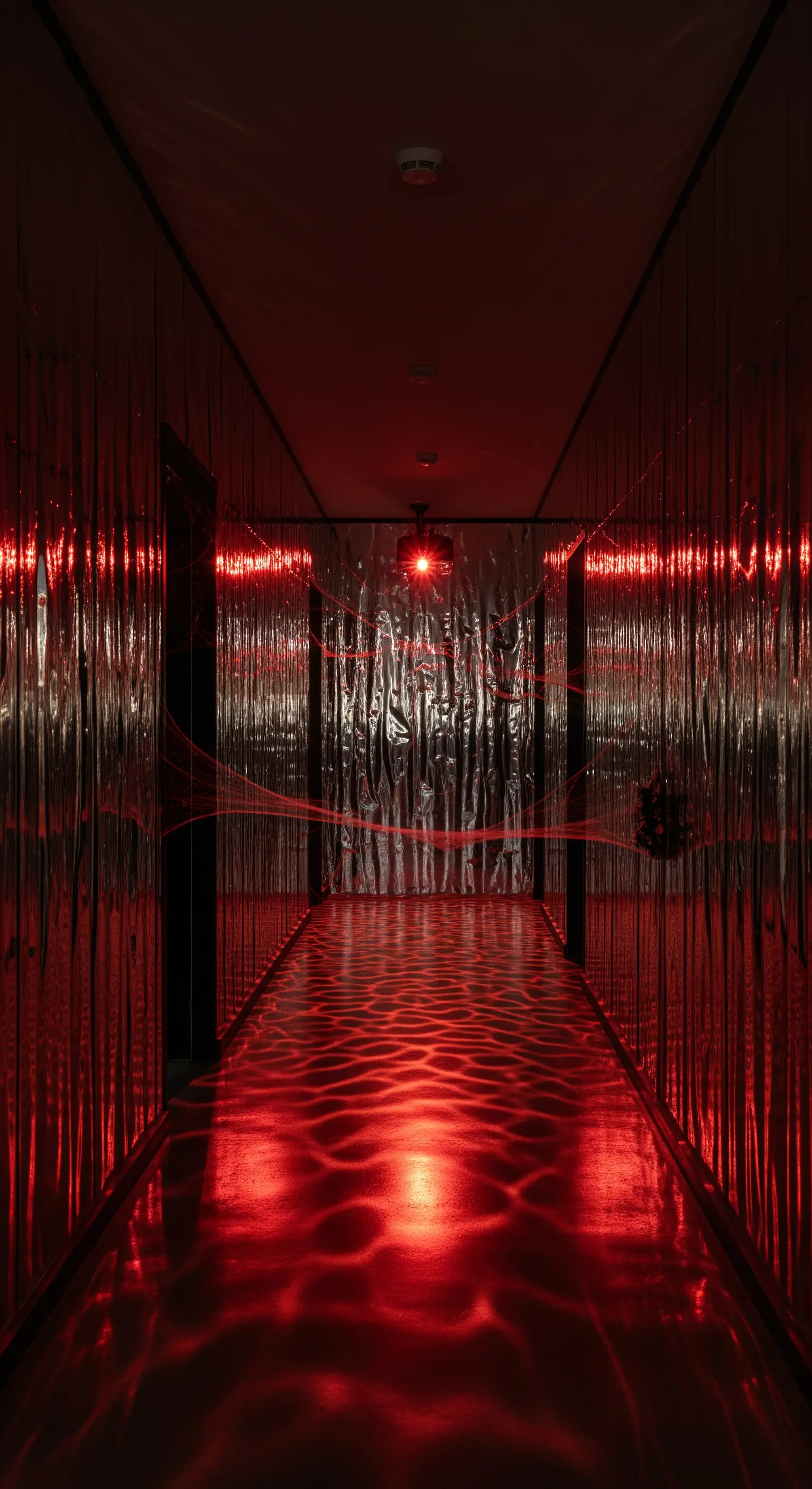Corridoio con tende di plastica trasparente e riflessi di luce rossa.