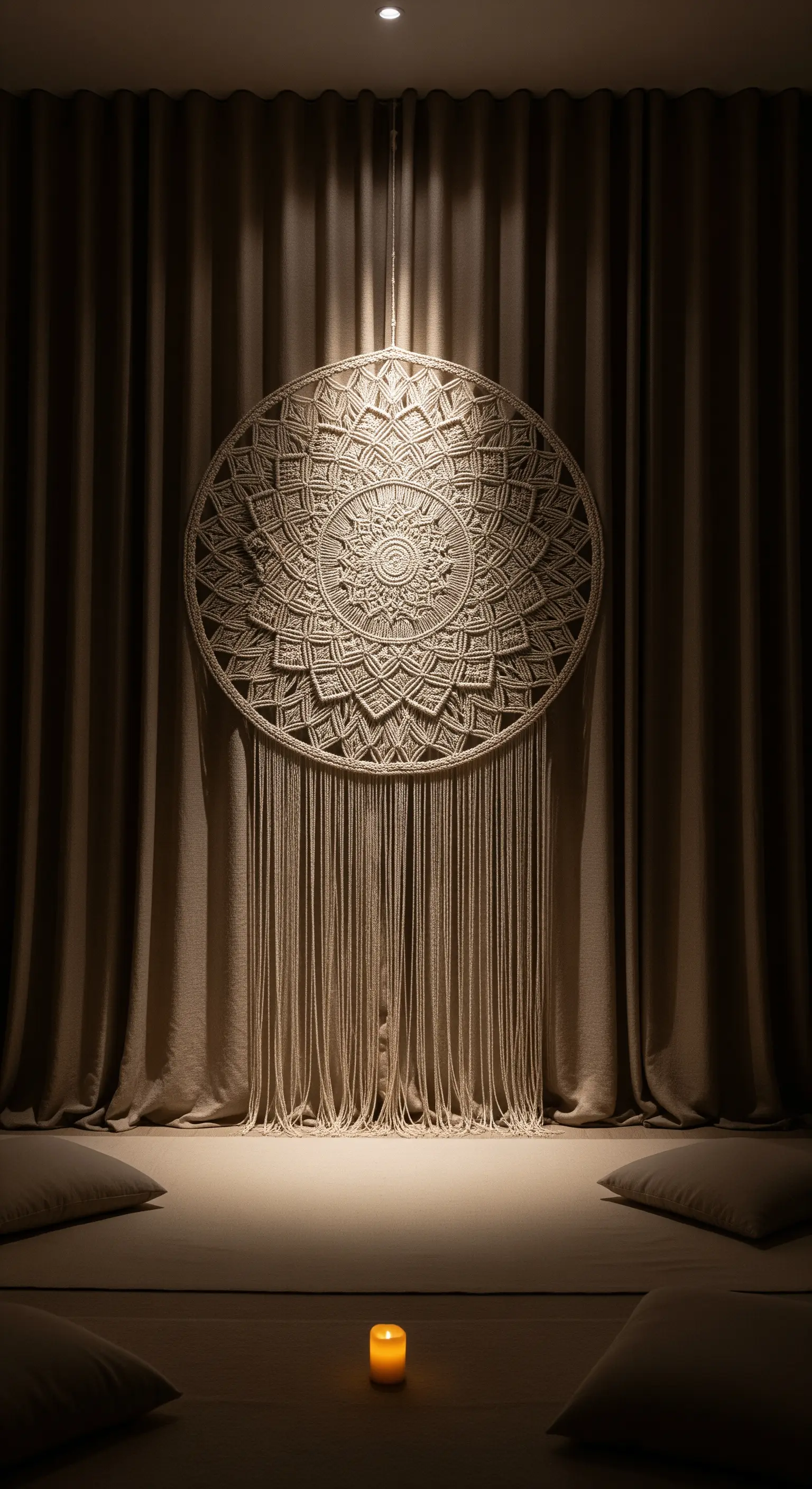 Grande mandala in macramè appeso davanti a una tenda scura, illuminato dall'alto.