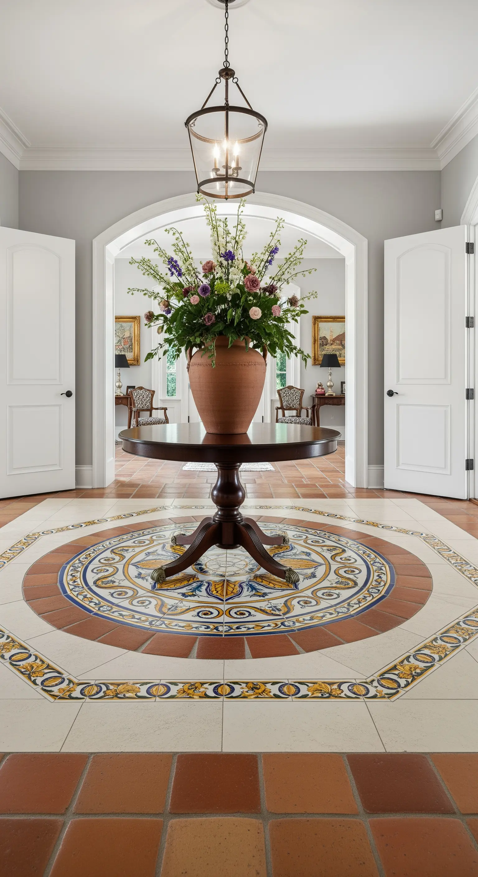 Atrio con un grande medaglione centrale a pavimento in maiolica, circondato da cotto.