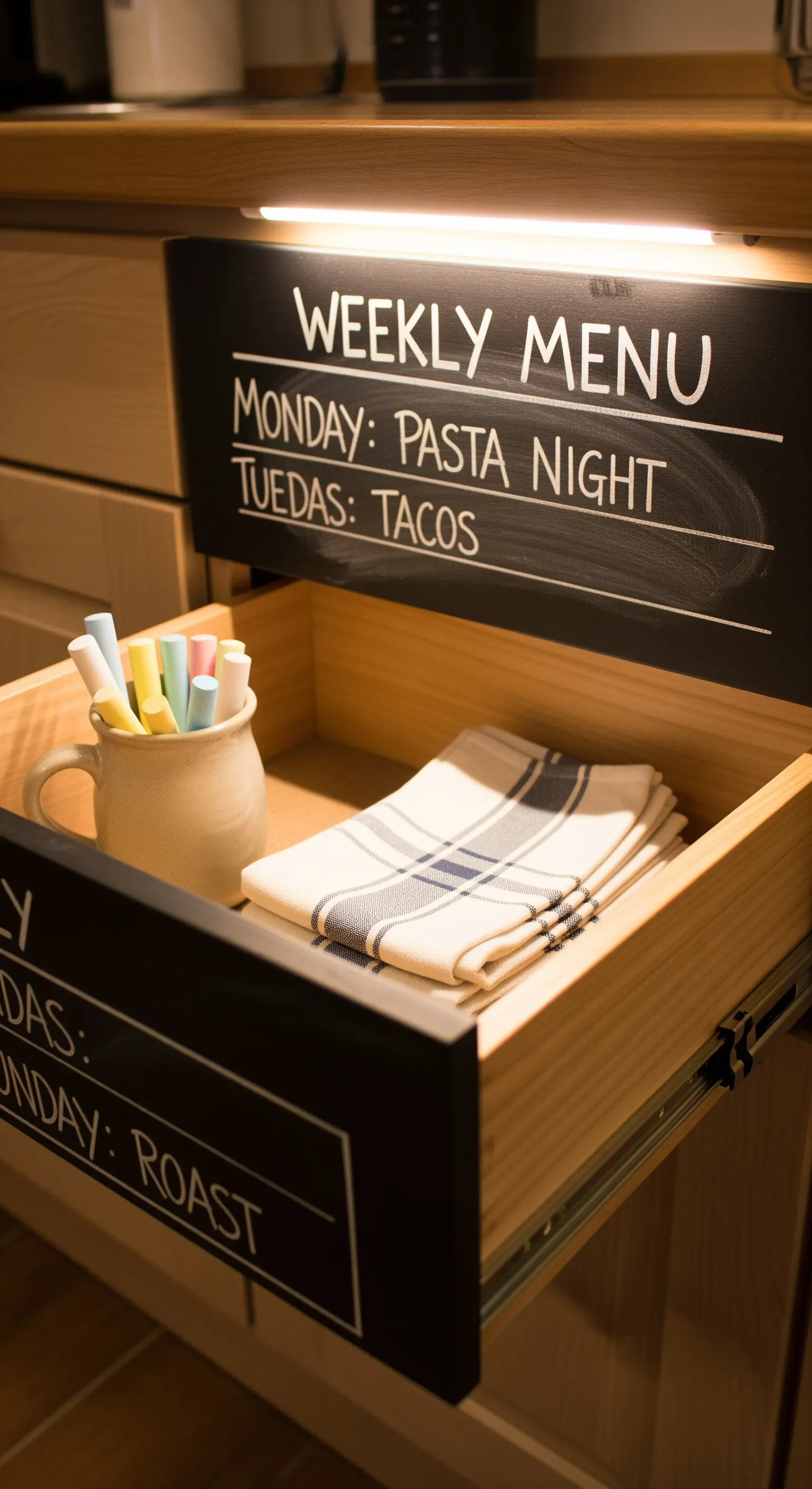 Cassetto da cucina con frontale dipinto a lavagna per scrivere il menu settimanale.