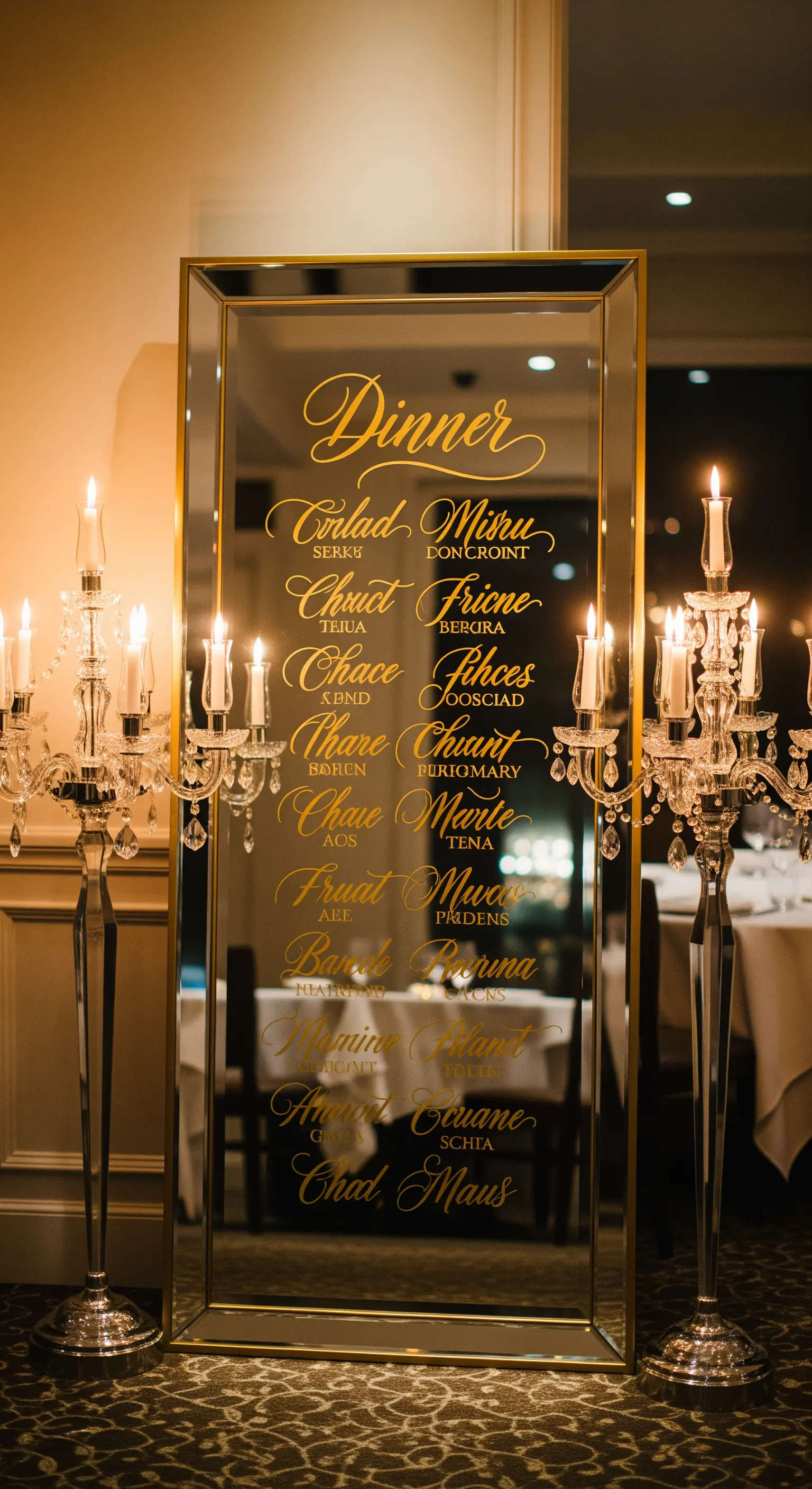 Specchio a figura intera con cornice dorata e menù del ricevimento scritto a mano.