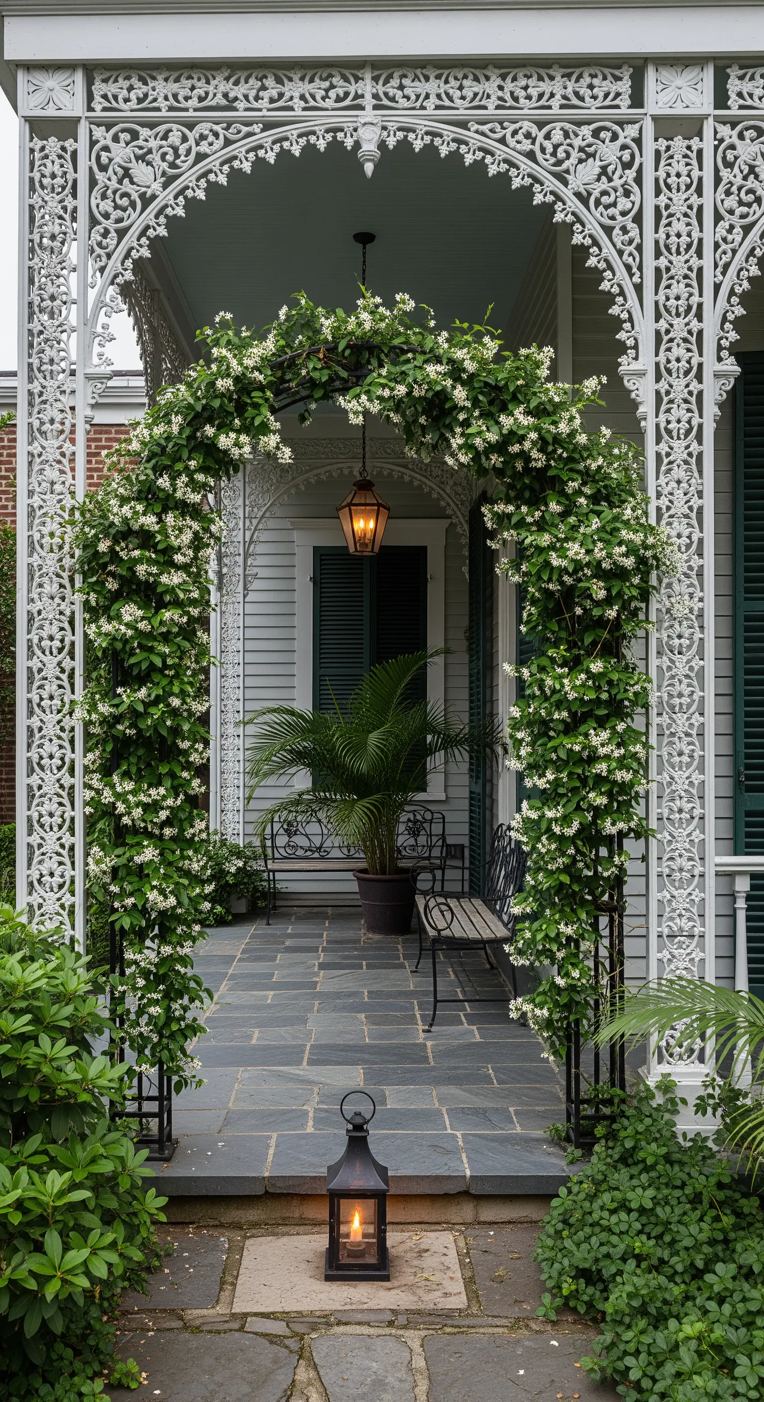 Portico in stile New Orleans con elaborate decorazioni in ferro battuto bianco e gelsomino.