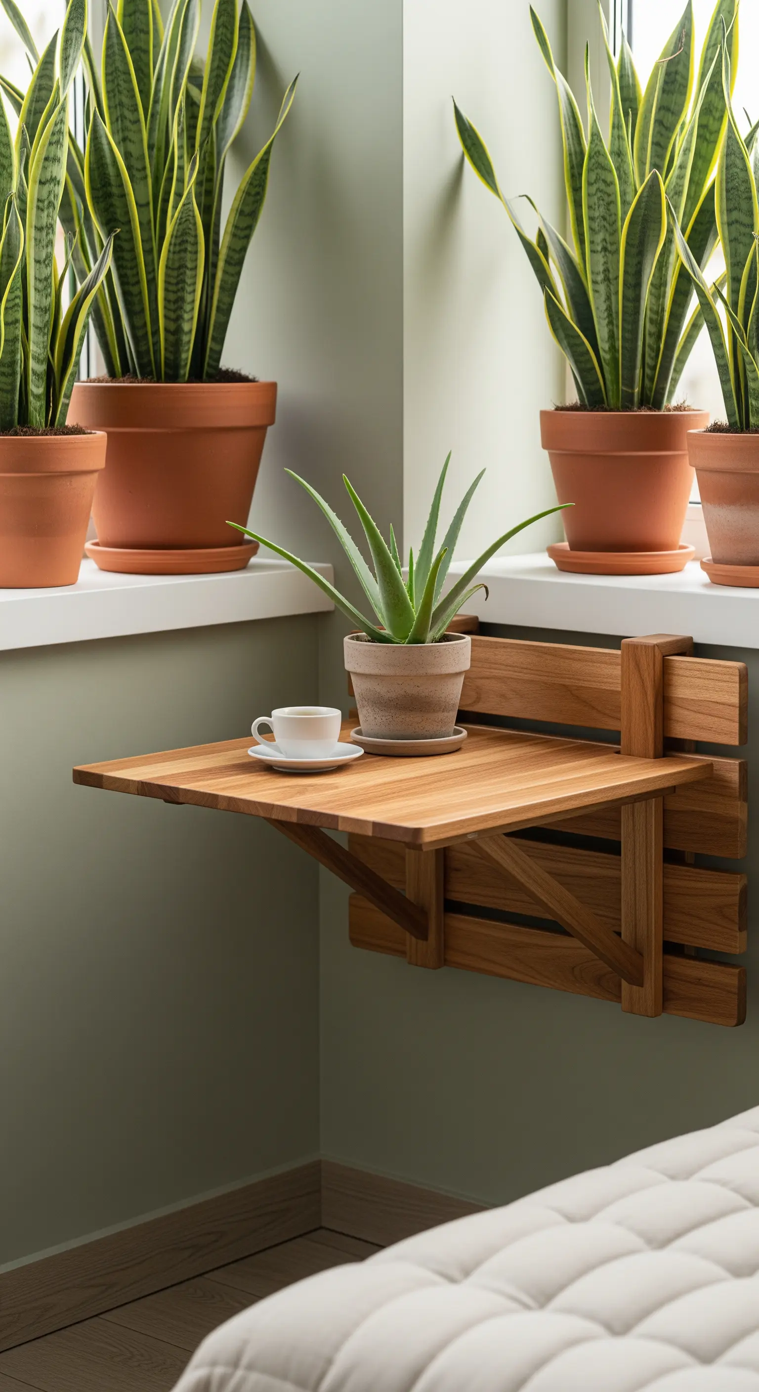 Tavolino pieghevole in legno montato a parete in un angolo, con tazza e pianta di aloe.