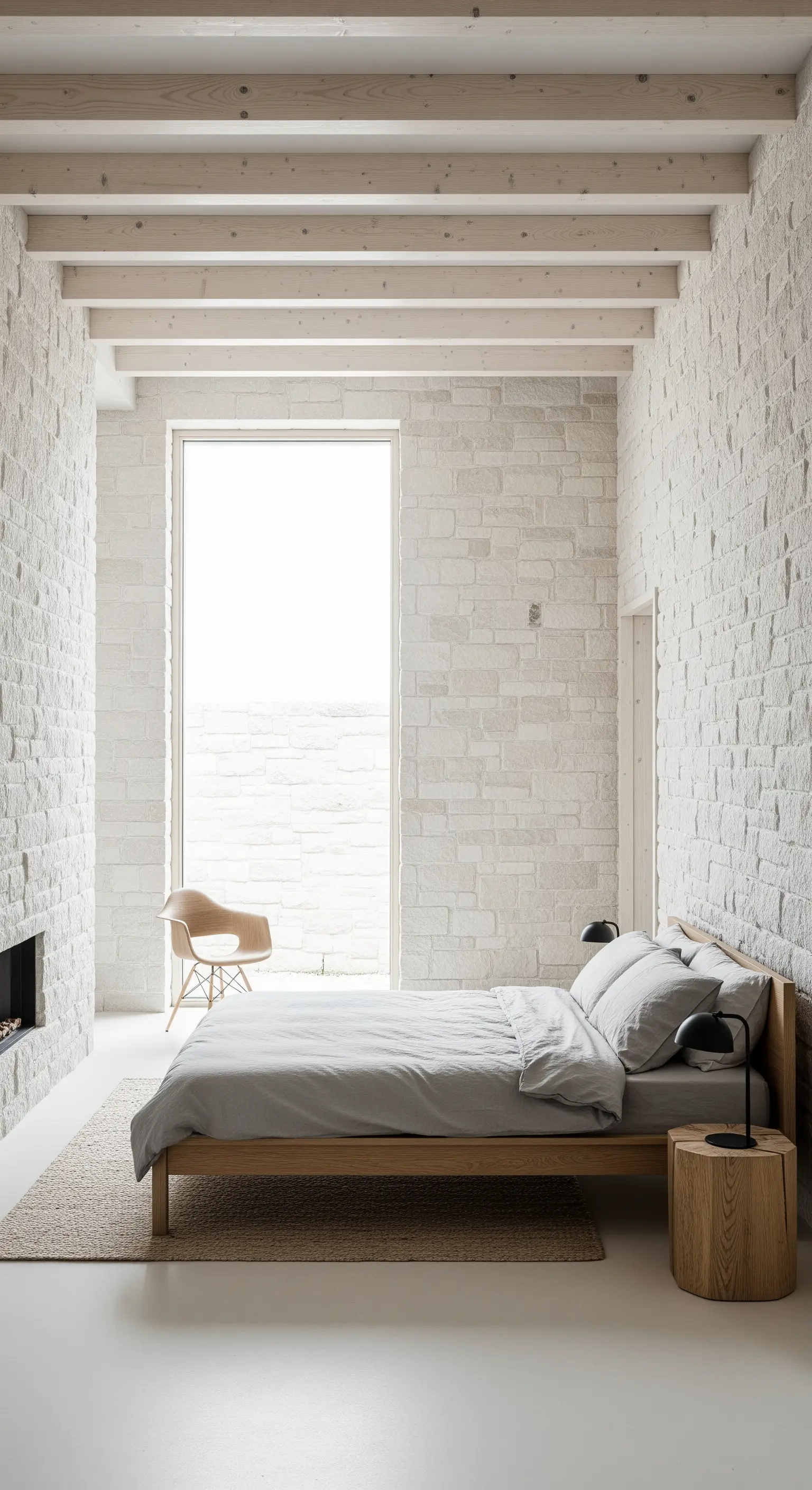 Camera da letto minimalista con pareti in pietra bianca, letto in legno chiaro e grande finestra.