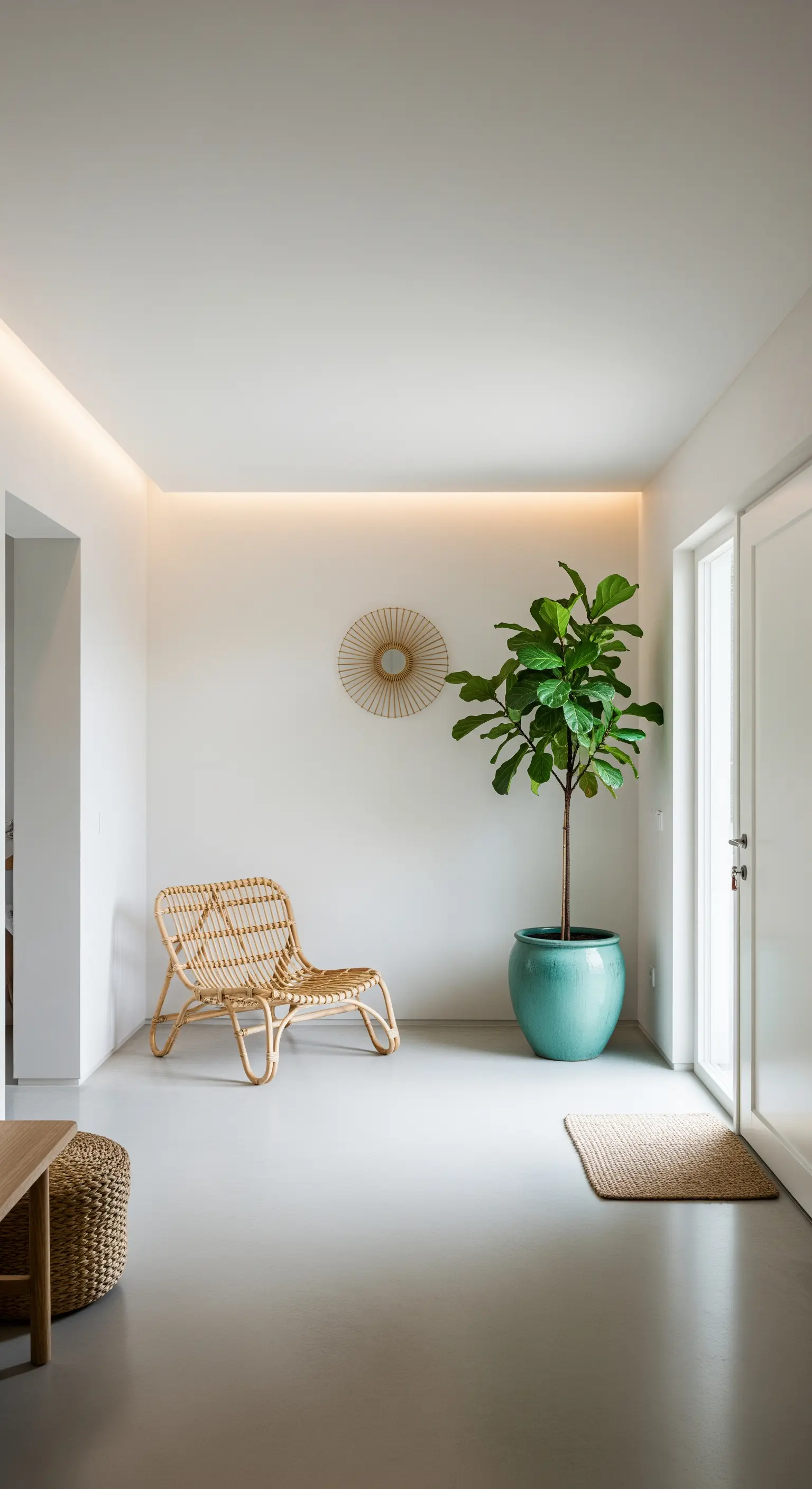 Ingresso minimalista bianco con poltrona bassa in rattan e grande pianta in vaso verde acqua.