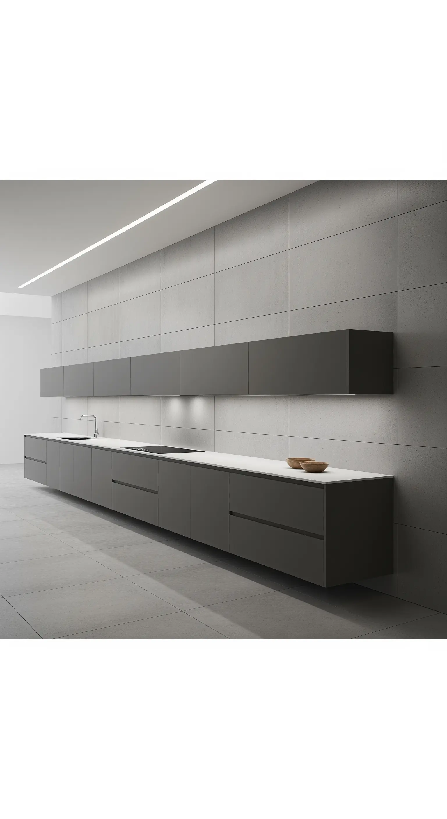 Cucina minimalista extra lunga con mobili sospesi grigio scuro e top bianco.
