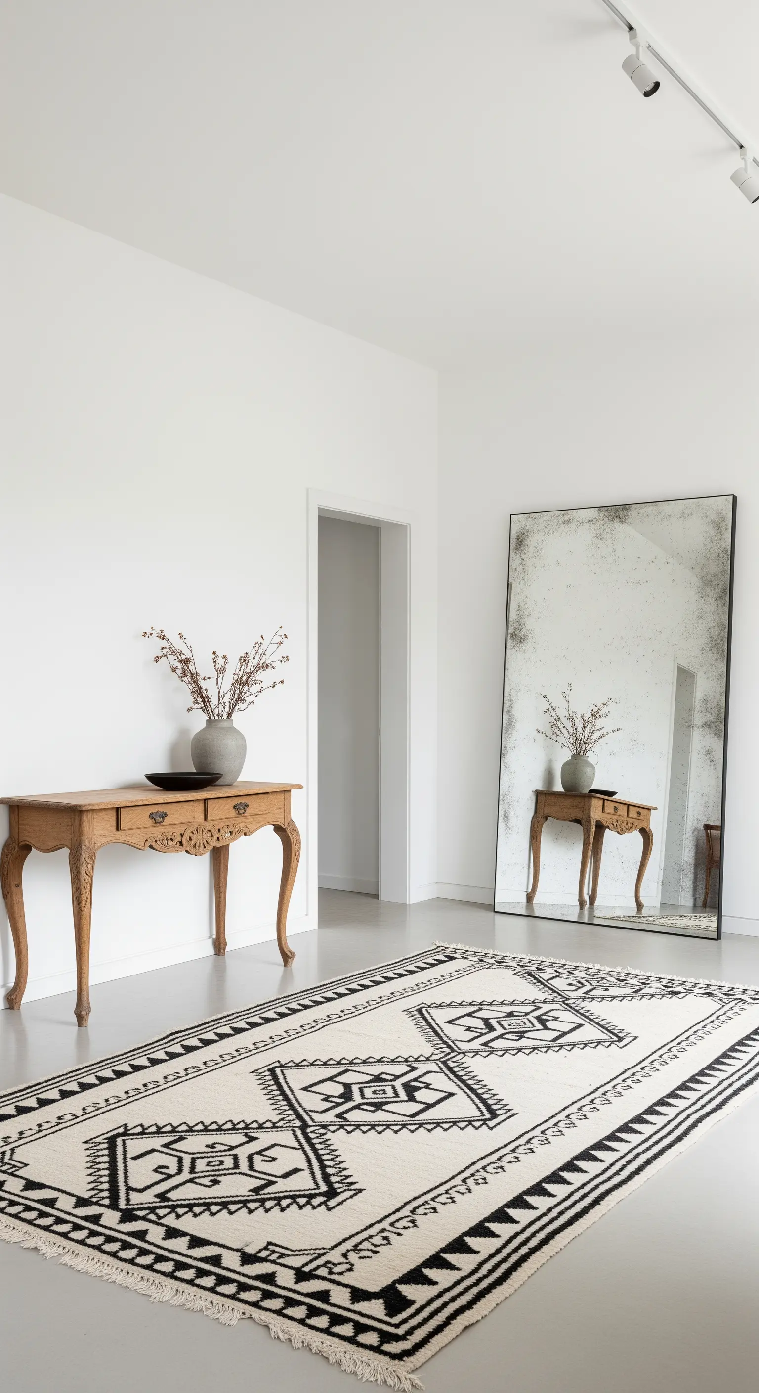 Ingresso minimale con grande specchio antico appoggiato a parete e consolle in legno.