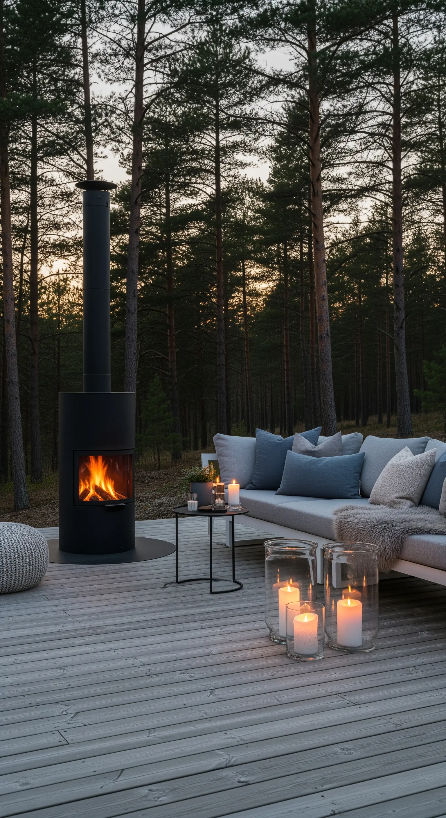 Terrazza in legno con stufa moderna nera, divano grigio e grandi lanterne di vetro con candele.