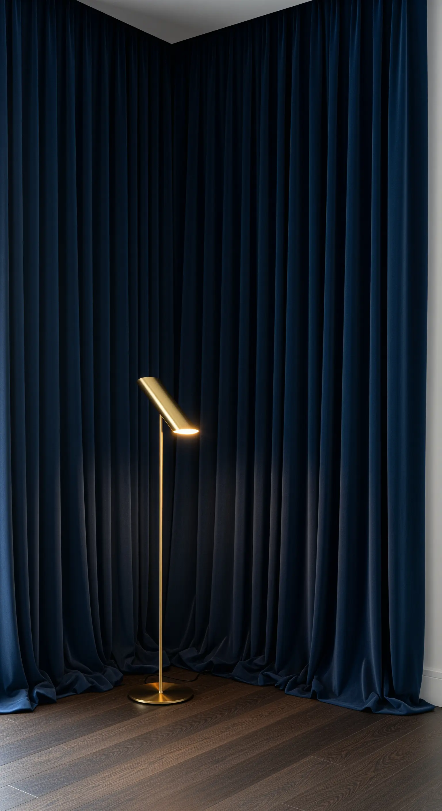 Tenda pesante in velluto blu notte illuminata da una lampada da terra minimalista dorata.