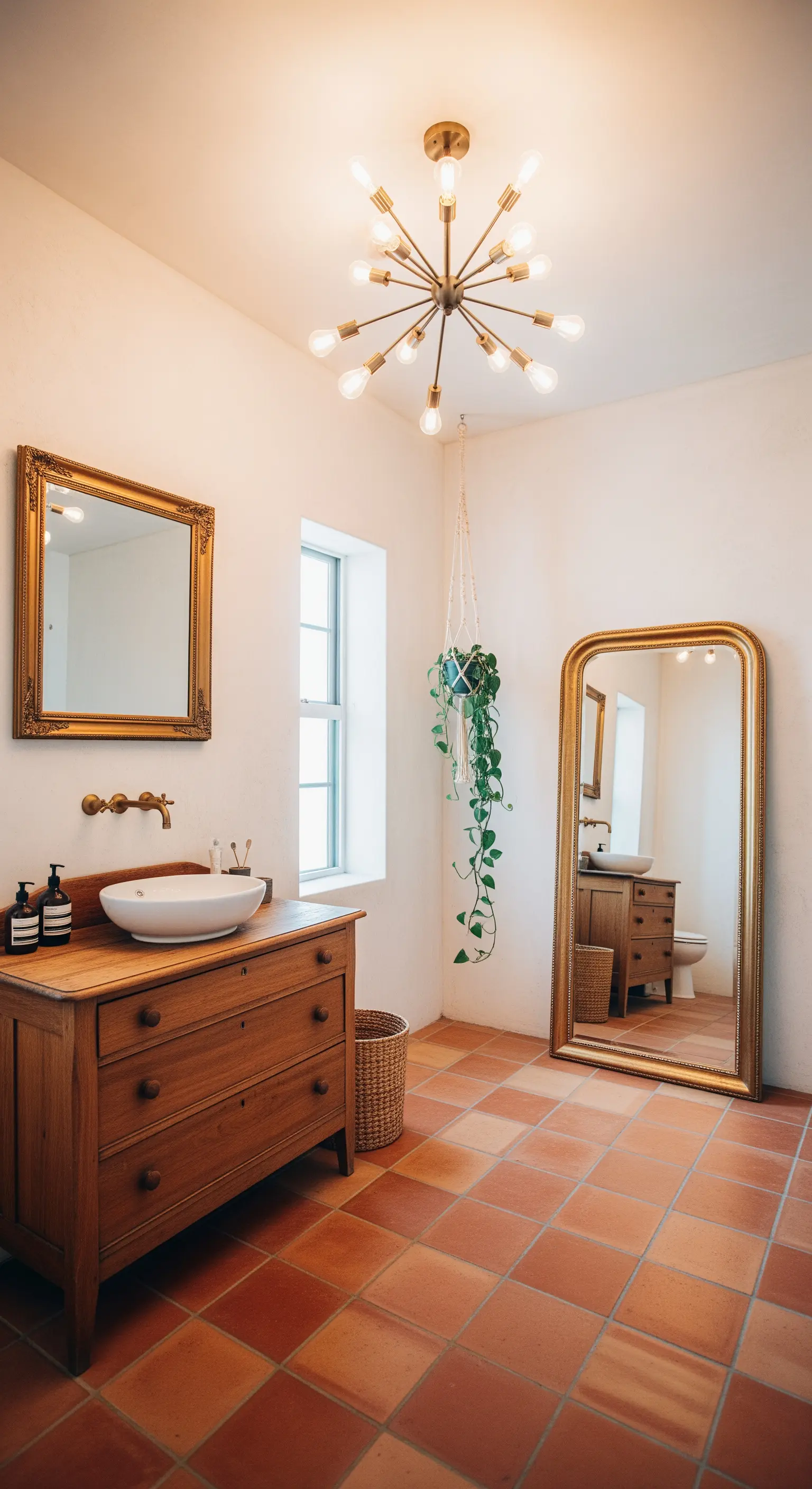 Bagno con pavimento in cotto e una cassettiera in legno usata come mobile lavabo.