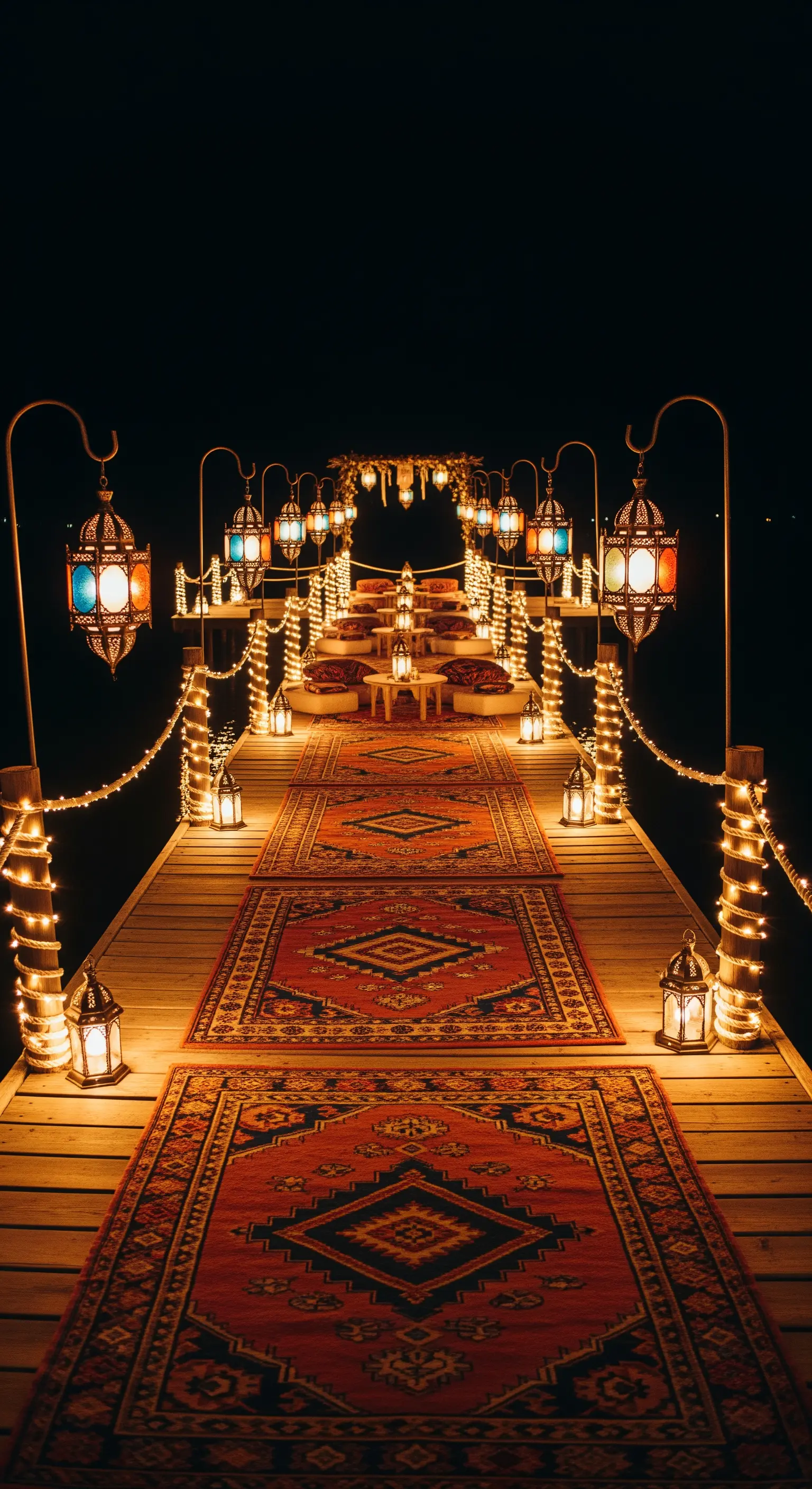 Molo in legno di notte, decorato con tappeti, lanterne e file di lucine.