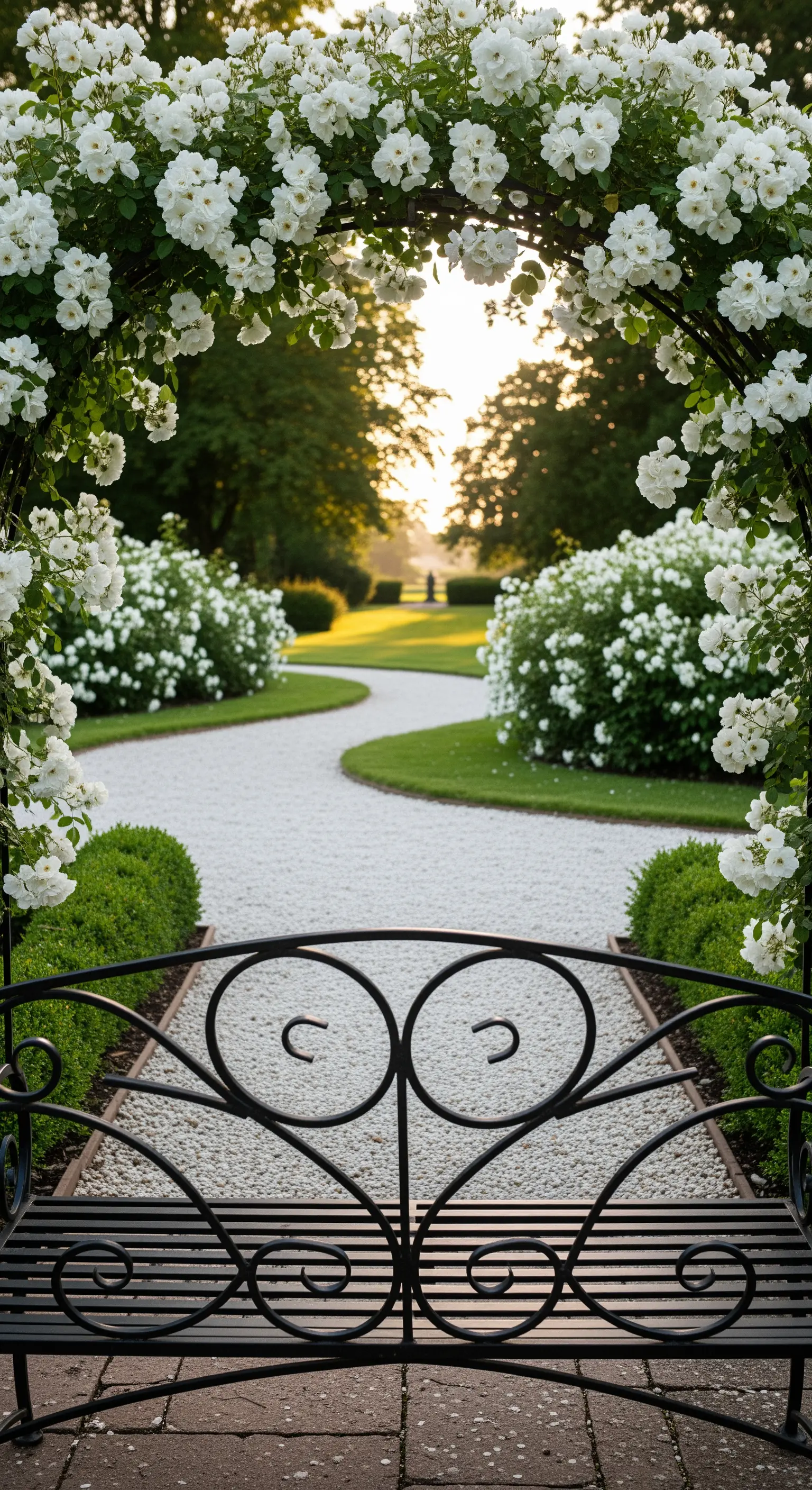 Vista dal retro di una panchina in ferro battuto, che guarda attraverso un arco di rose bianche.