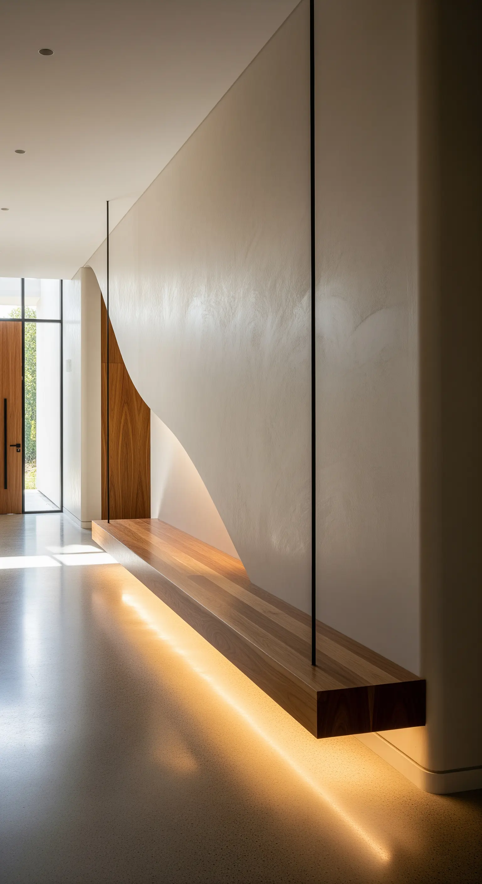 Panca sospesa in legno che segue la curva di una parete scultorea color crema.