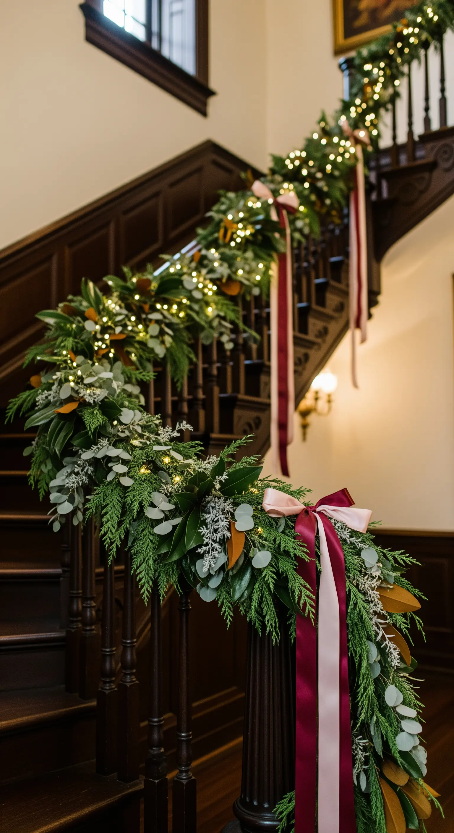 Scalinata in legno scuro decorata con una ricca ghirlanda illuminata e nastri.