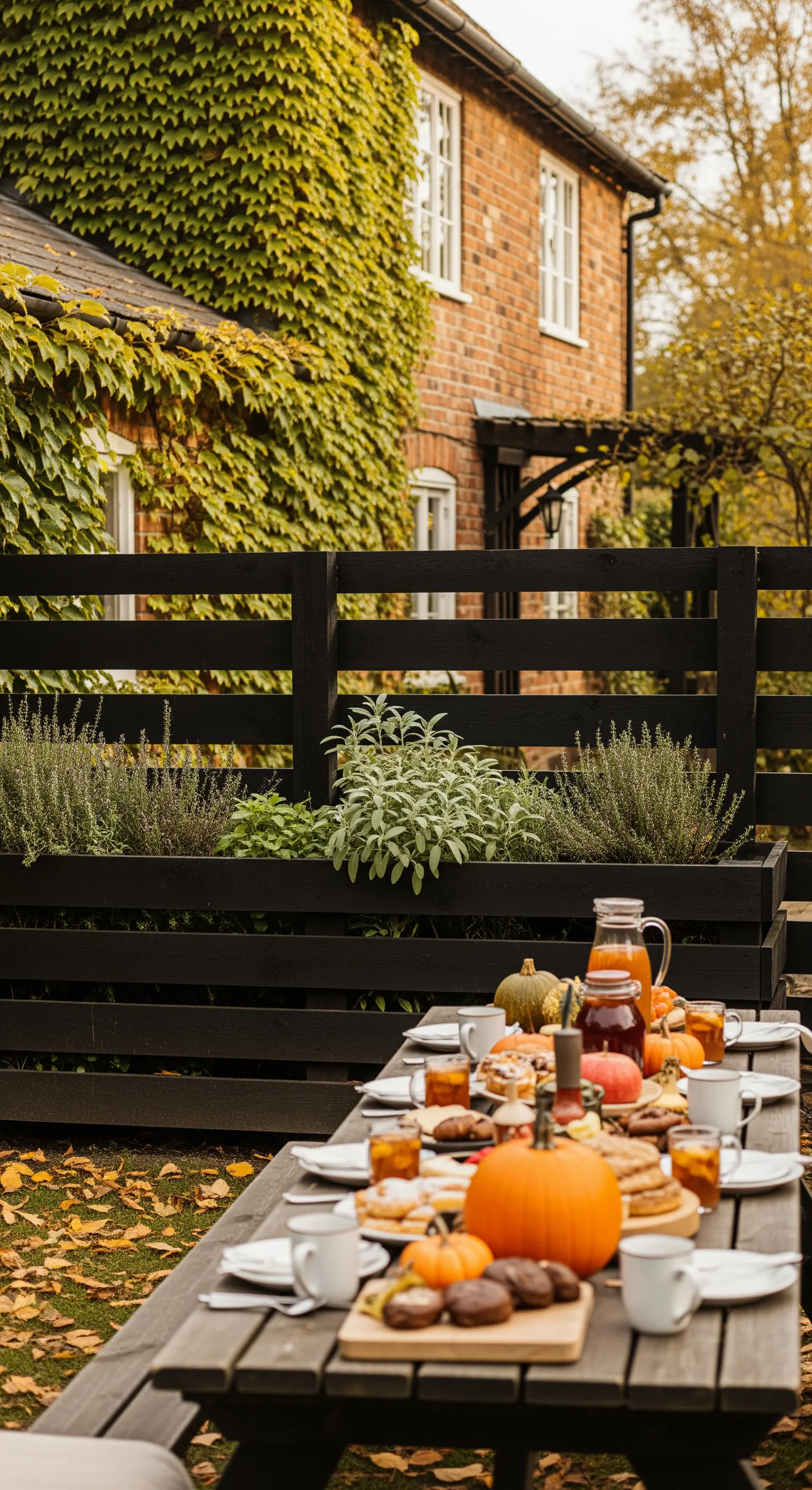 Tavolo da picnic autunnale con fioriere e staccionata verniciate di nero.