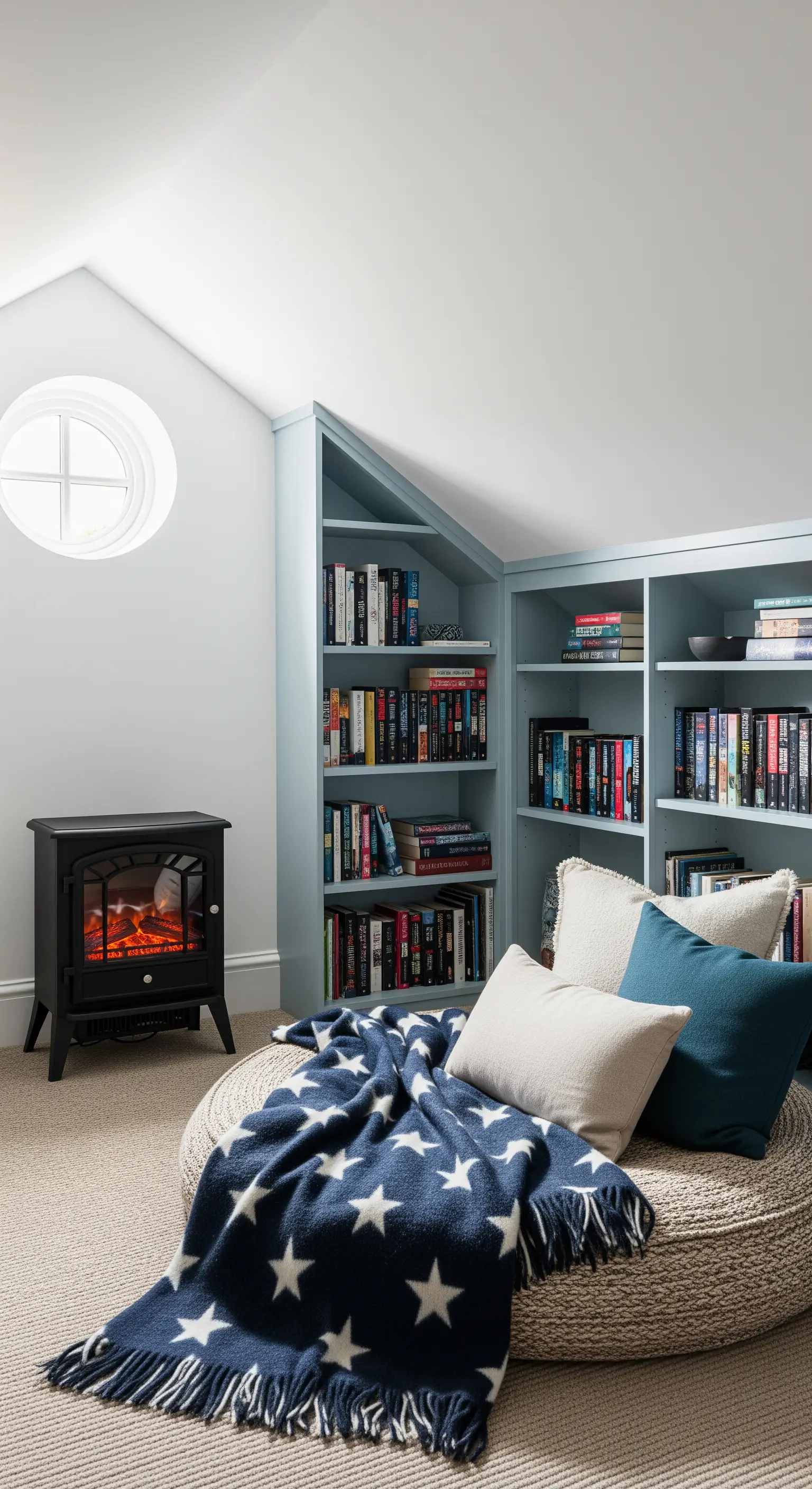 Angolo lettura in mansarda con librerie azzurre su misura e pouf intrecciato a terra.