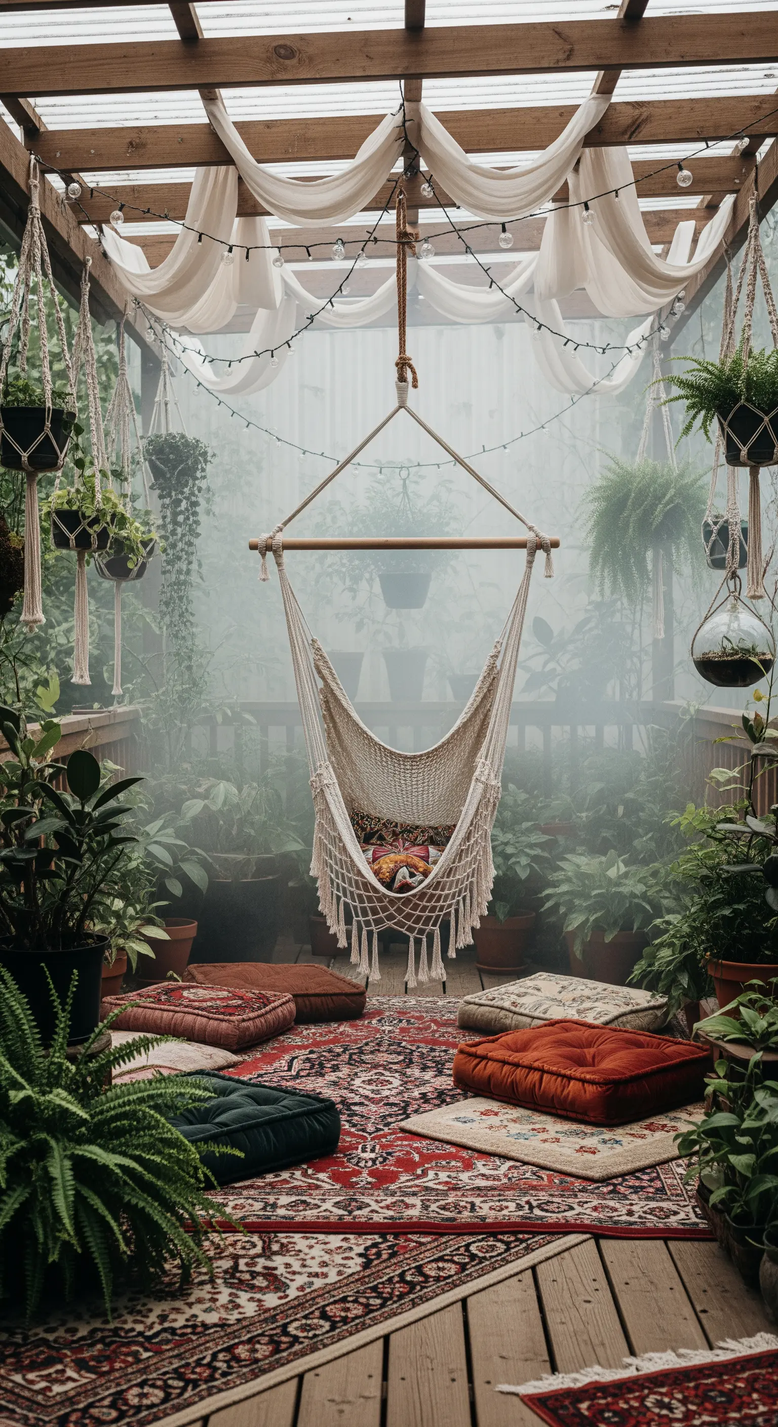 Veranda in stile bohémien con sedia sospesa in macramè, tappeti persiani e molte piante.