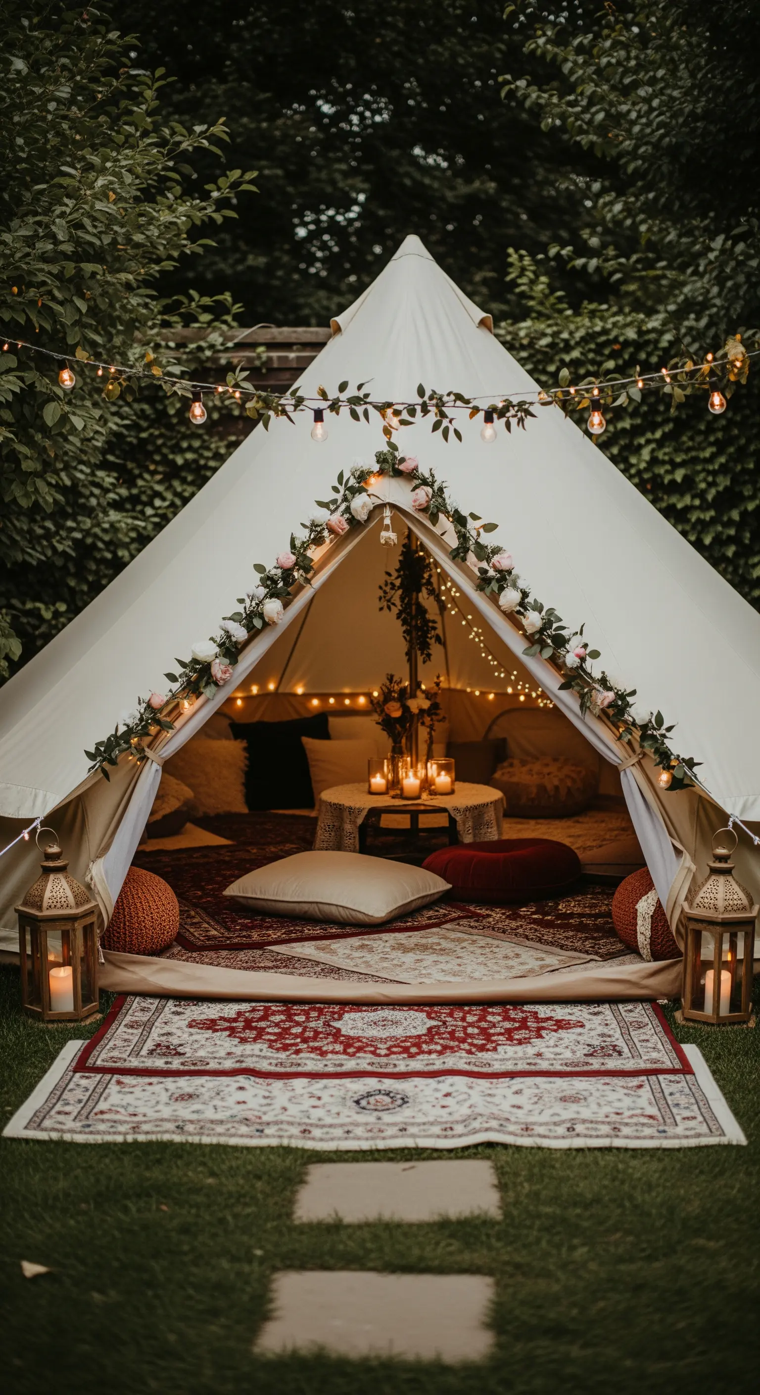 Tenda glamping decorata con fiori e luci, con all'interno tappeti, cuscini e candele per un'atmosfera accogliente.