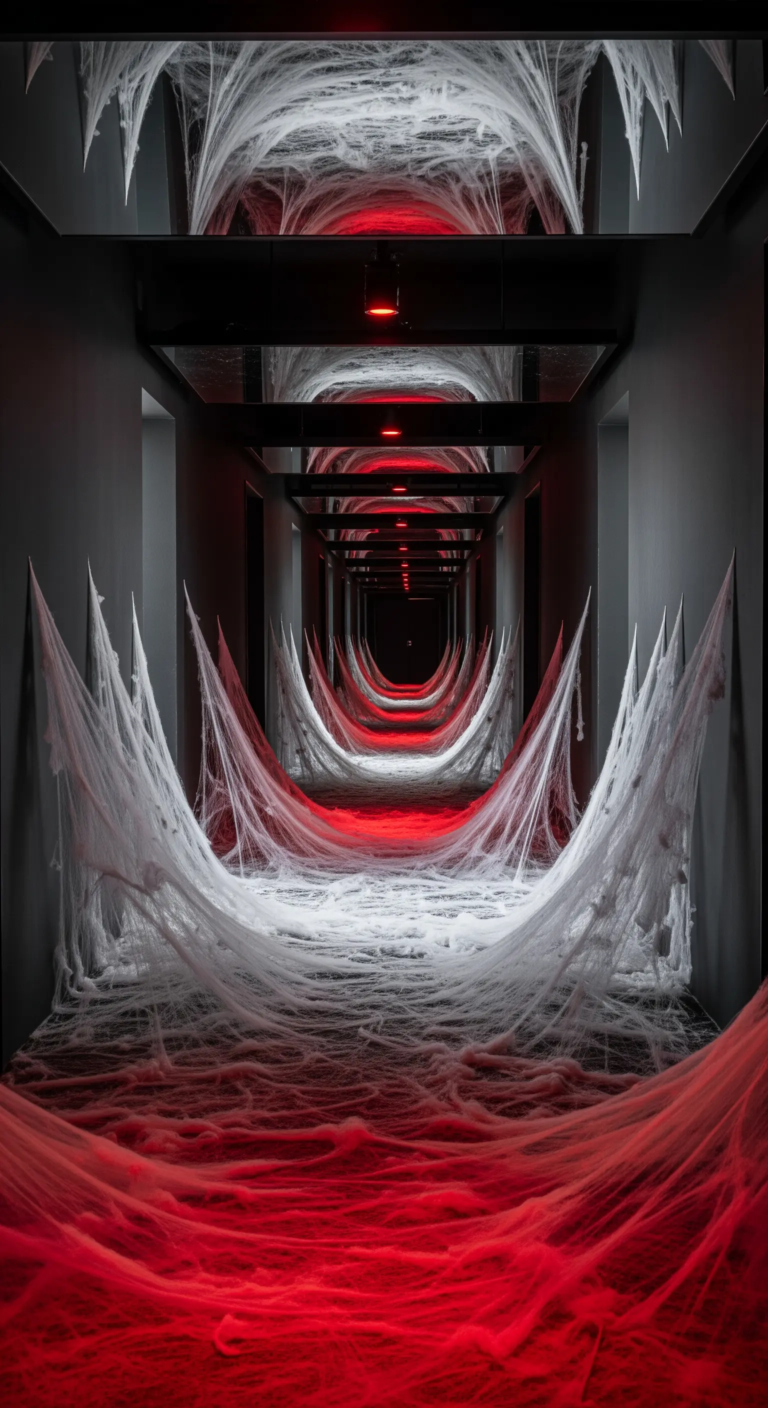 Corridoio scuro invaso da spesse ragnatele illuminate di rosso.