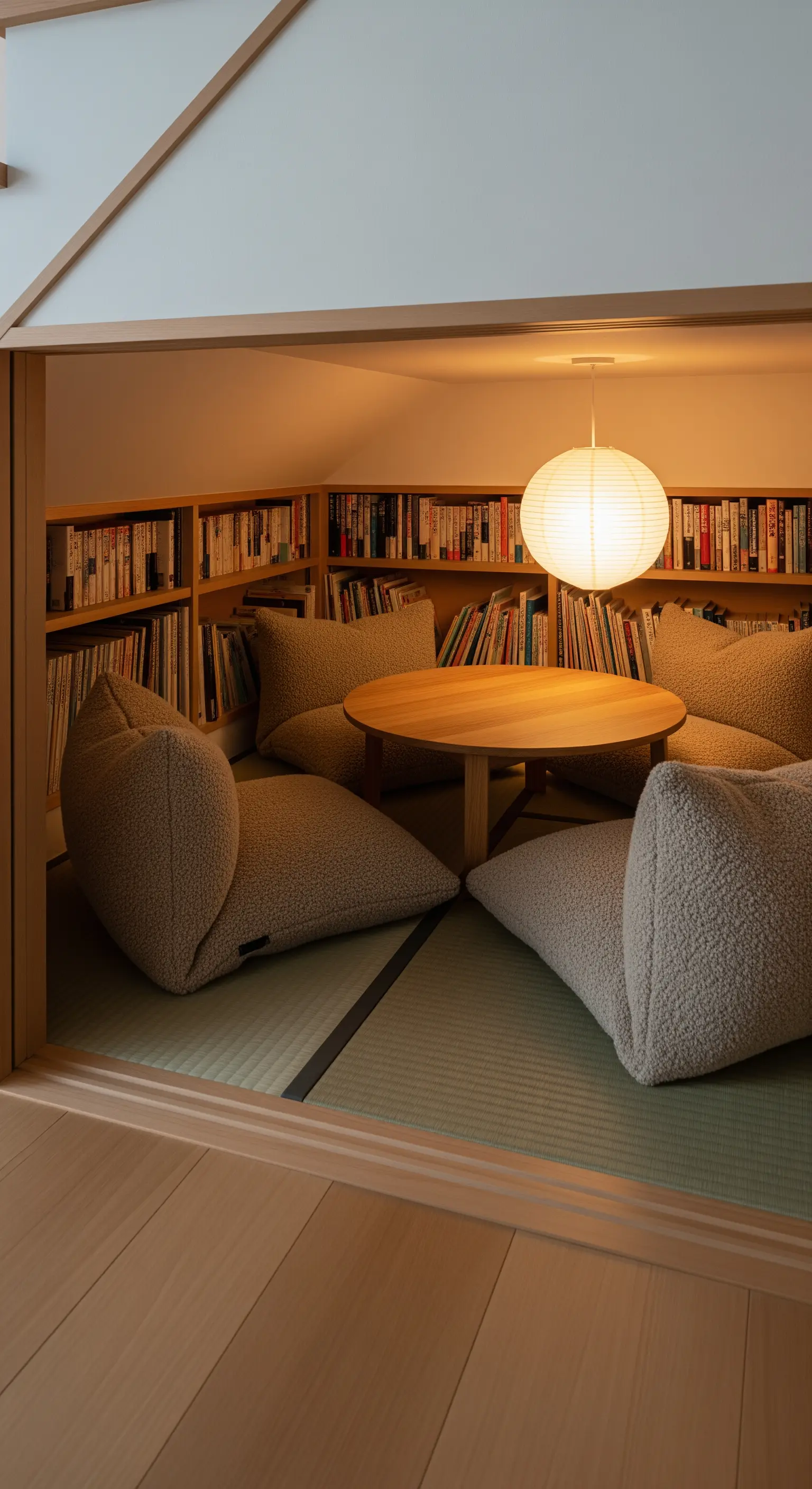 Angolo lettura con librerie, sedute da terra in bouclé e una lampada di carta sospesa.