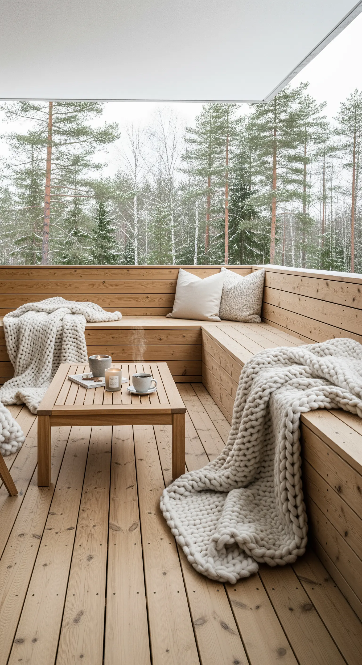 Terrazza in legno chiaro con panche, coperte a maglia grossa e tazze fumanti.