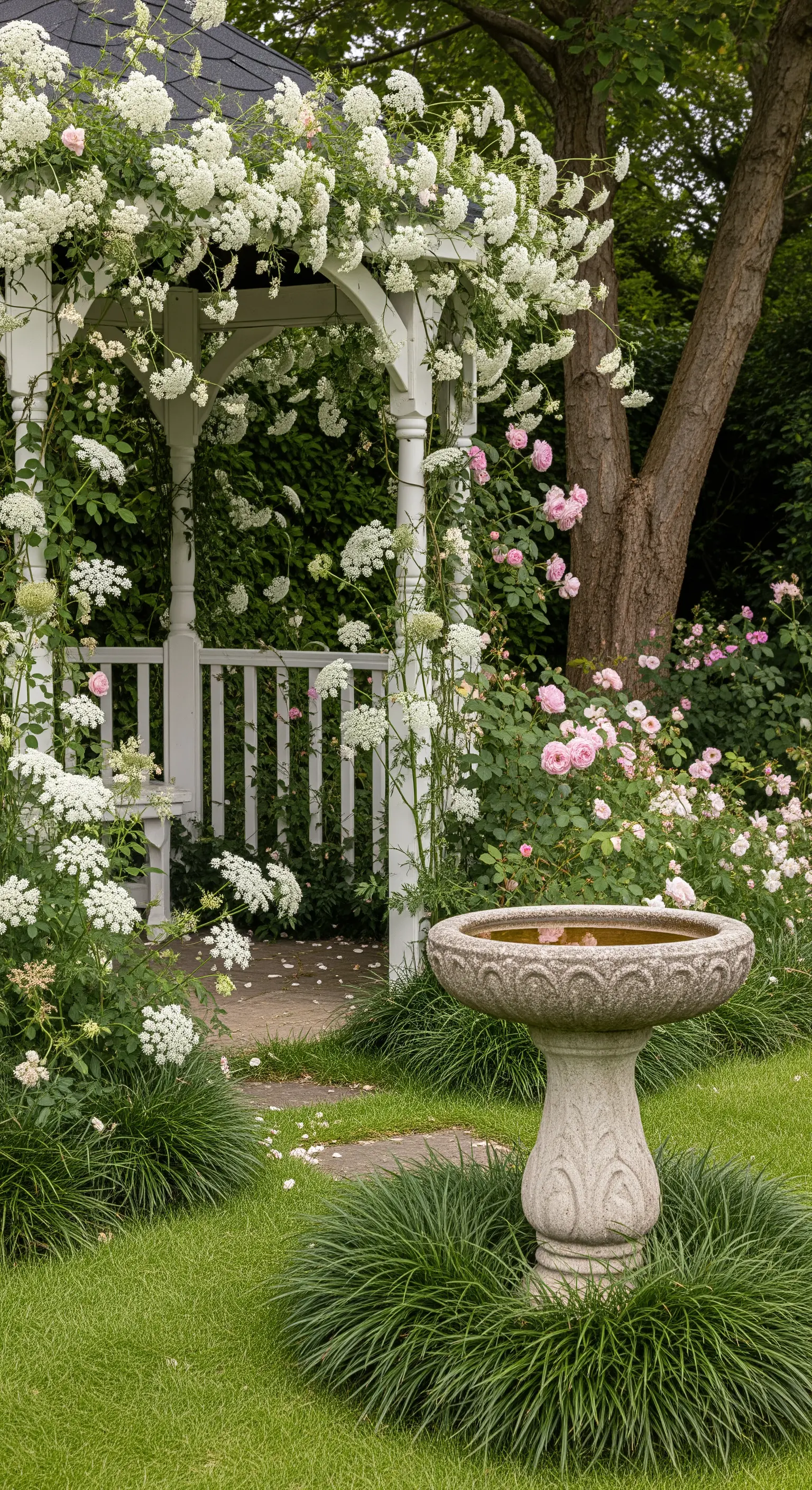Gazebo bianco parzialmente nascosto da fiori bianchi e vegetazione, con un piccolo bird bath in pietra.