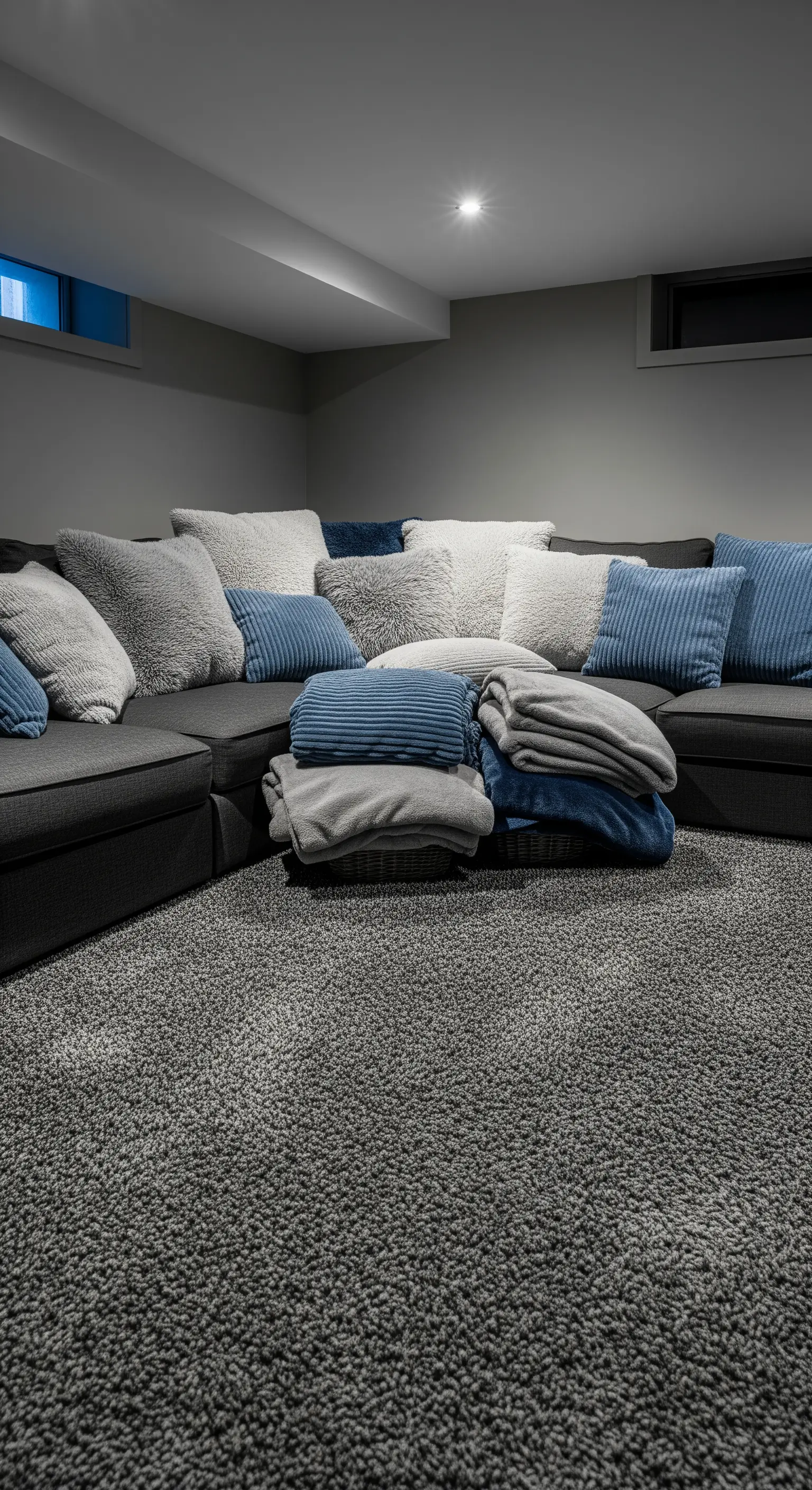 Divano angolare scuro in una taverna, coperto di cuscini e plaid morbidi.