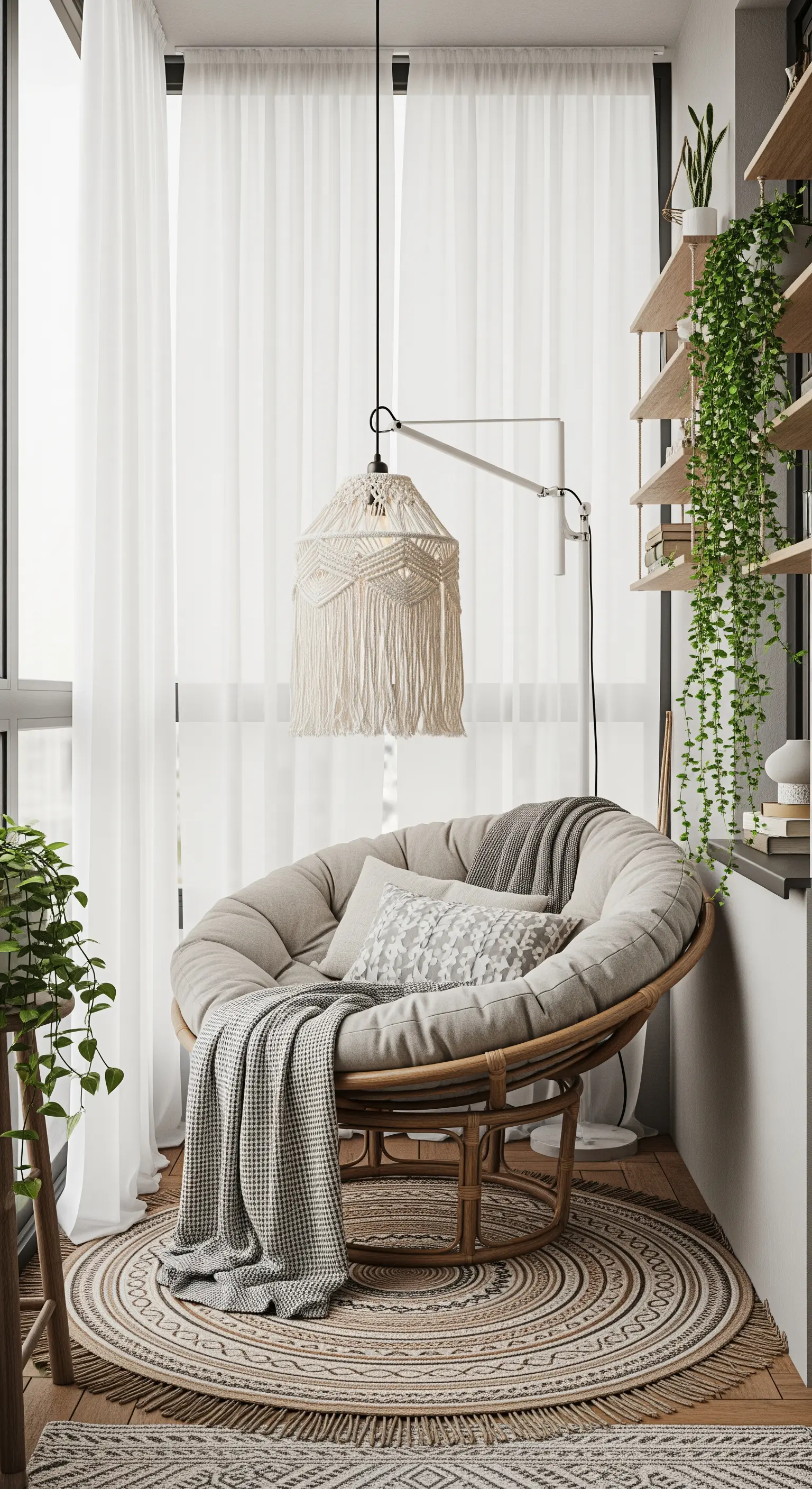 Angolo lettura su un balcone con poltrona papasan, lampada in macramè e piante rampicanti.