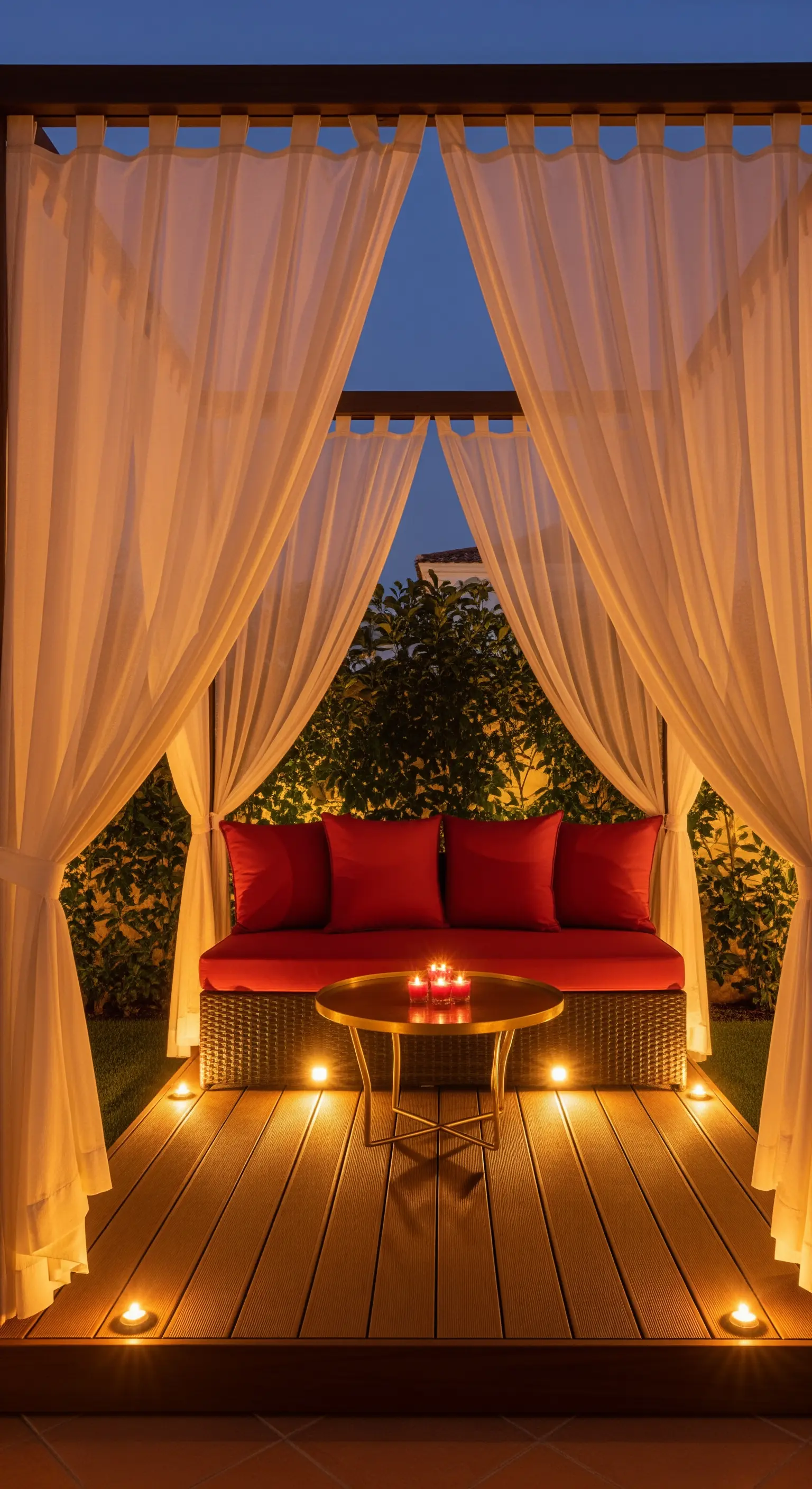 Gazebo in legno con tende bianche, divano rosso e illuminazione calda a terra.