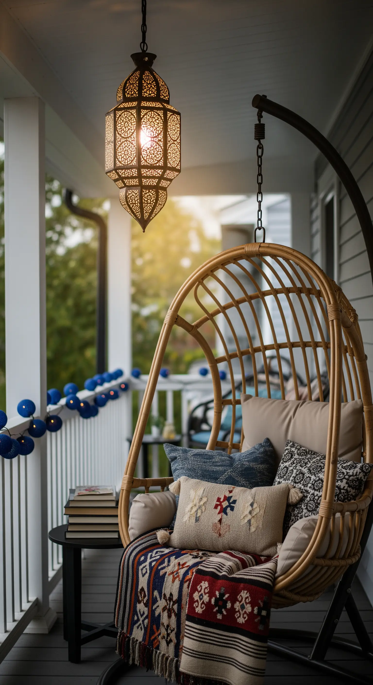Poltrona sospesa in rattan su un portico con una lanterna marocchina appesa accanto.