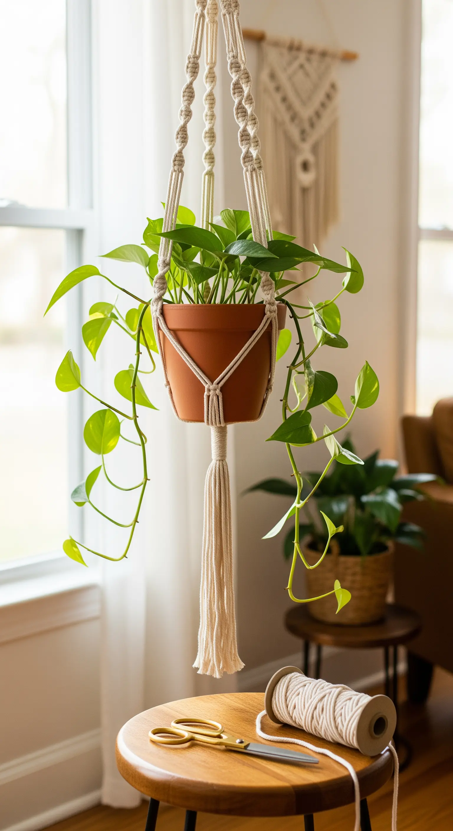 Portavasi sospeso in macramè di cotone naturale con pianta di pothos vicino a una finestra.