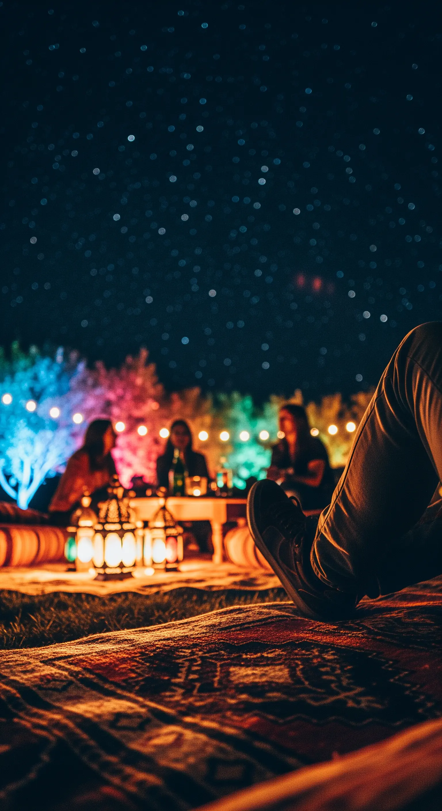 Persone sedute su un tappeto di notte, con alberi illuminati da luci colorate sullo sfondo.