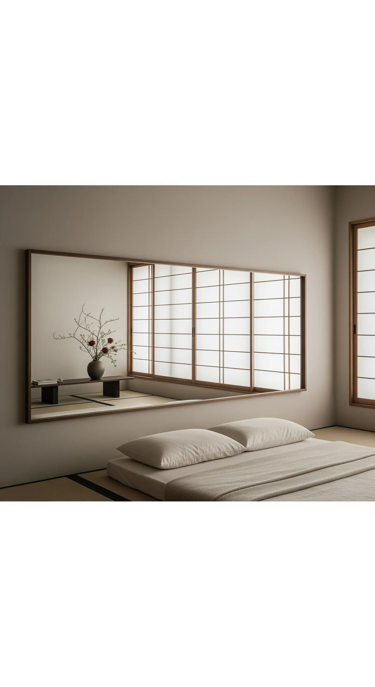 Specchio orizzontale lungo e basso in una camera da letto minimalista in stile giapponese.