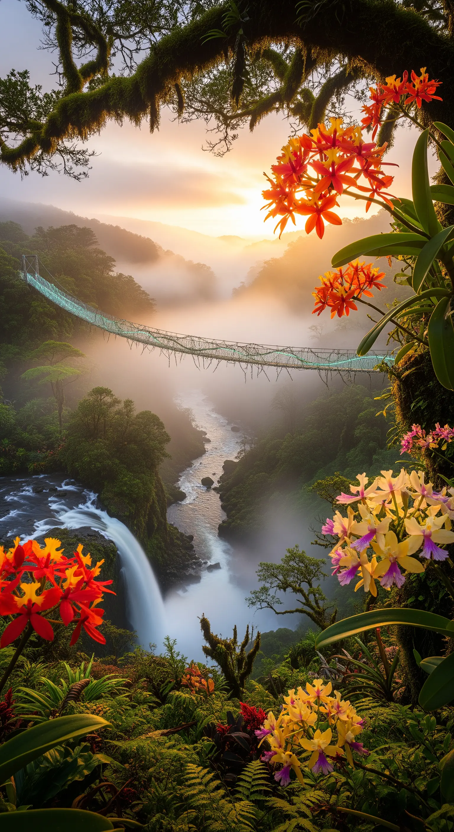 Paesaggio montano nebbioso al tramonto con ponte sospeso, cascata e orchidee colorate.