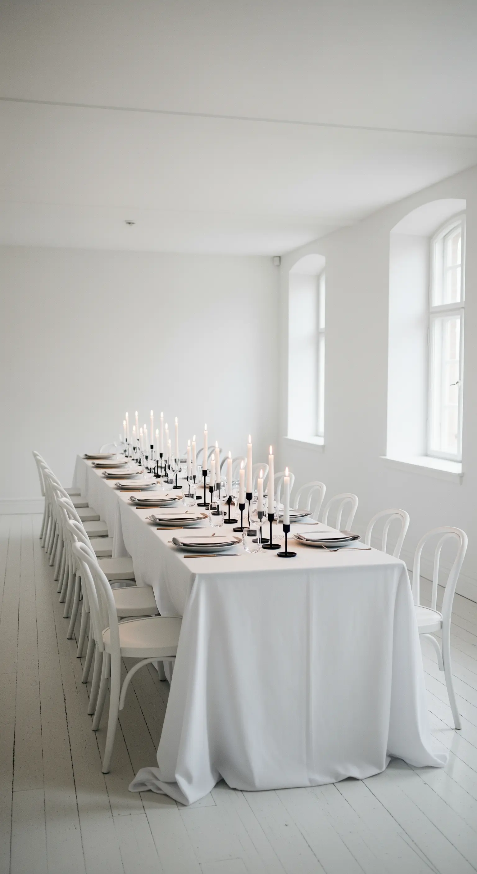 Tavola per banchetto total white in una stanza bianca, con candelieri neri minimal.