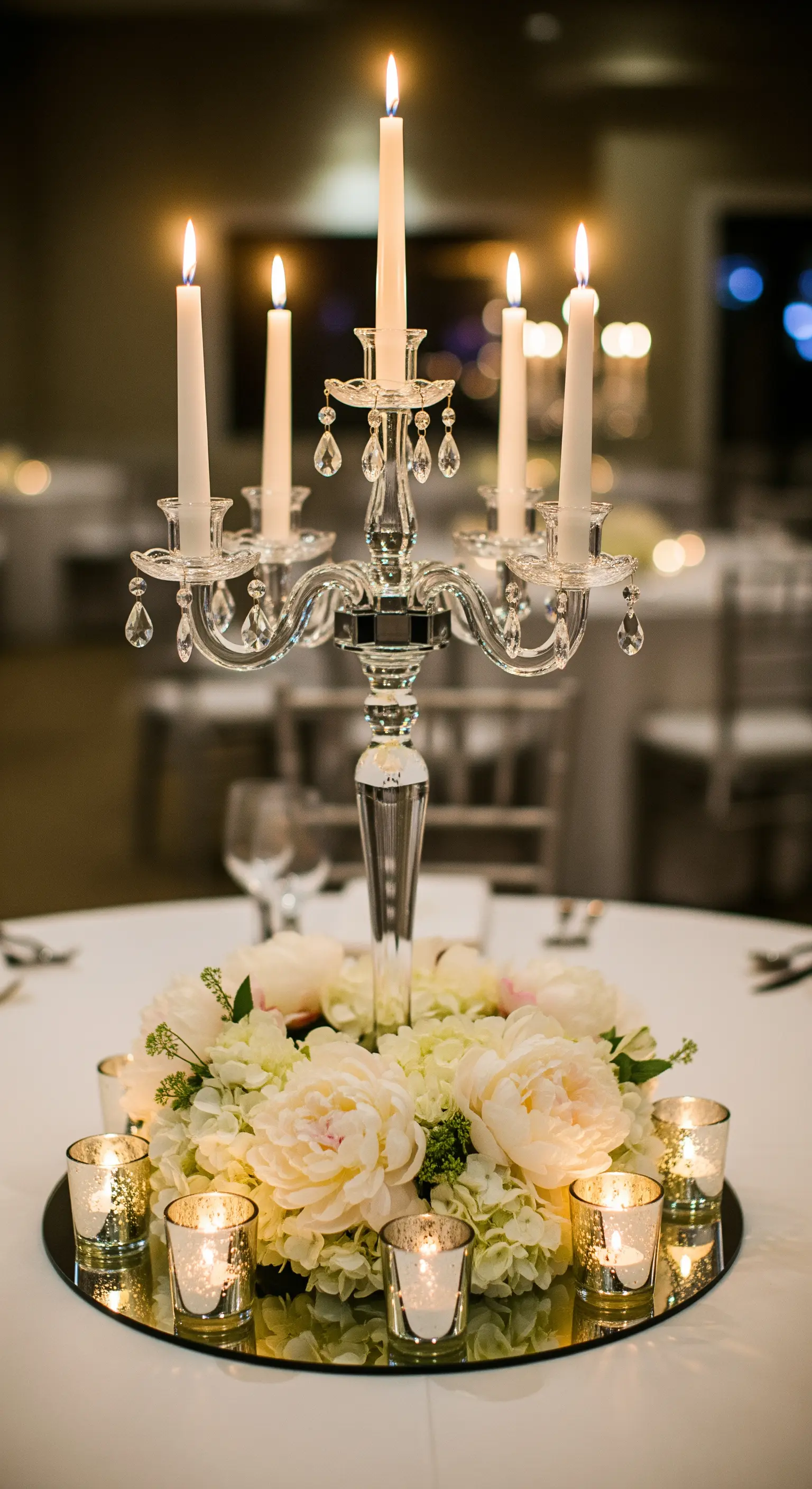 Centrotavola con candelabro in cristallo e fiori bianchi su una base a specchio rotonda.