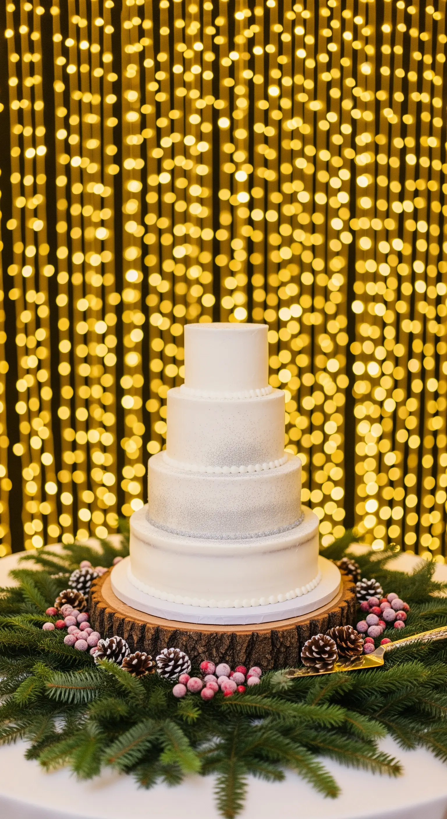 Torta nuziale bianca su un fondale creato da una tenda di lucine.