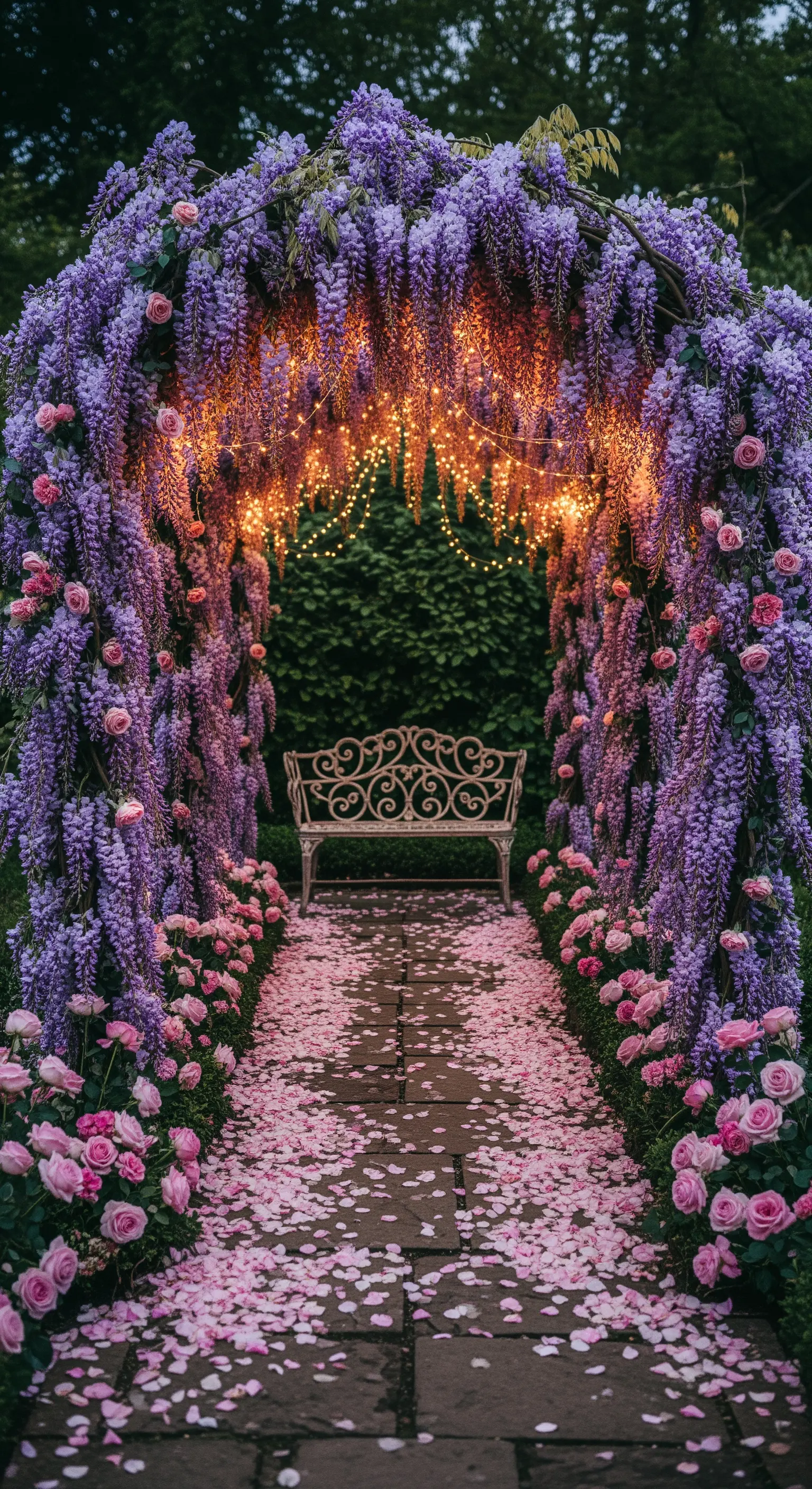 Arco fiorito di glicine viola e rose, illuminato da lucine, con un sentiero di petali rosa.