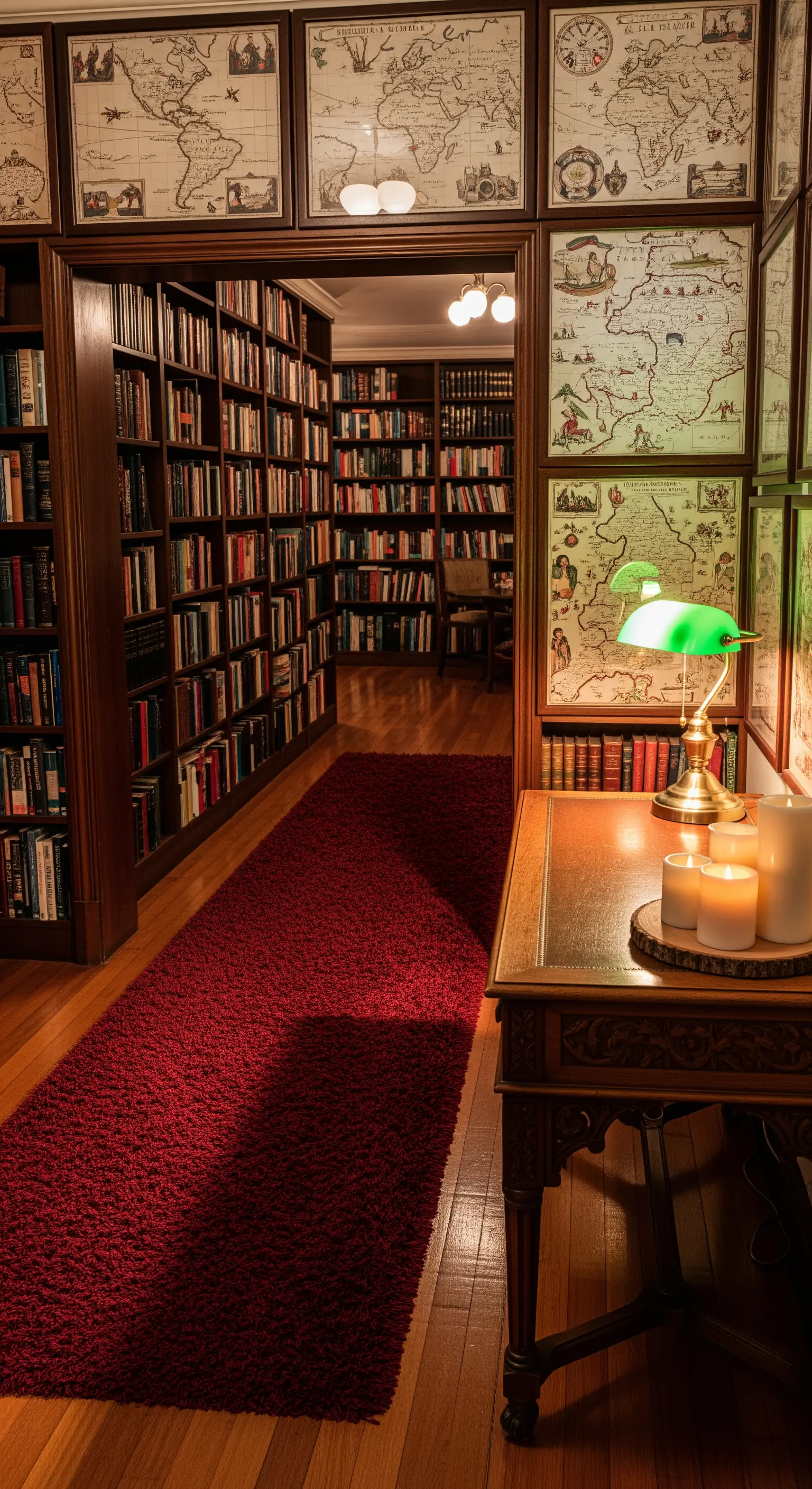 Ingresso che attraversa una biblioteca con pareti di libri, un runner rosso e una lampada da tavolo.