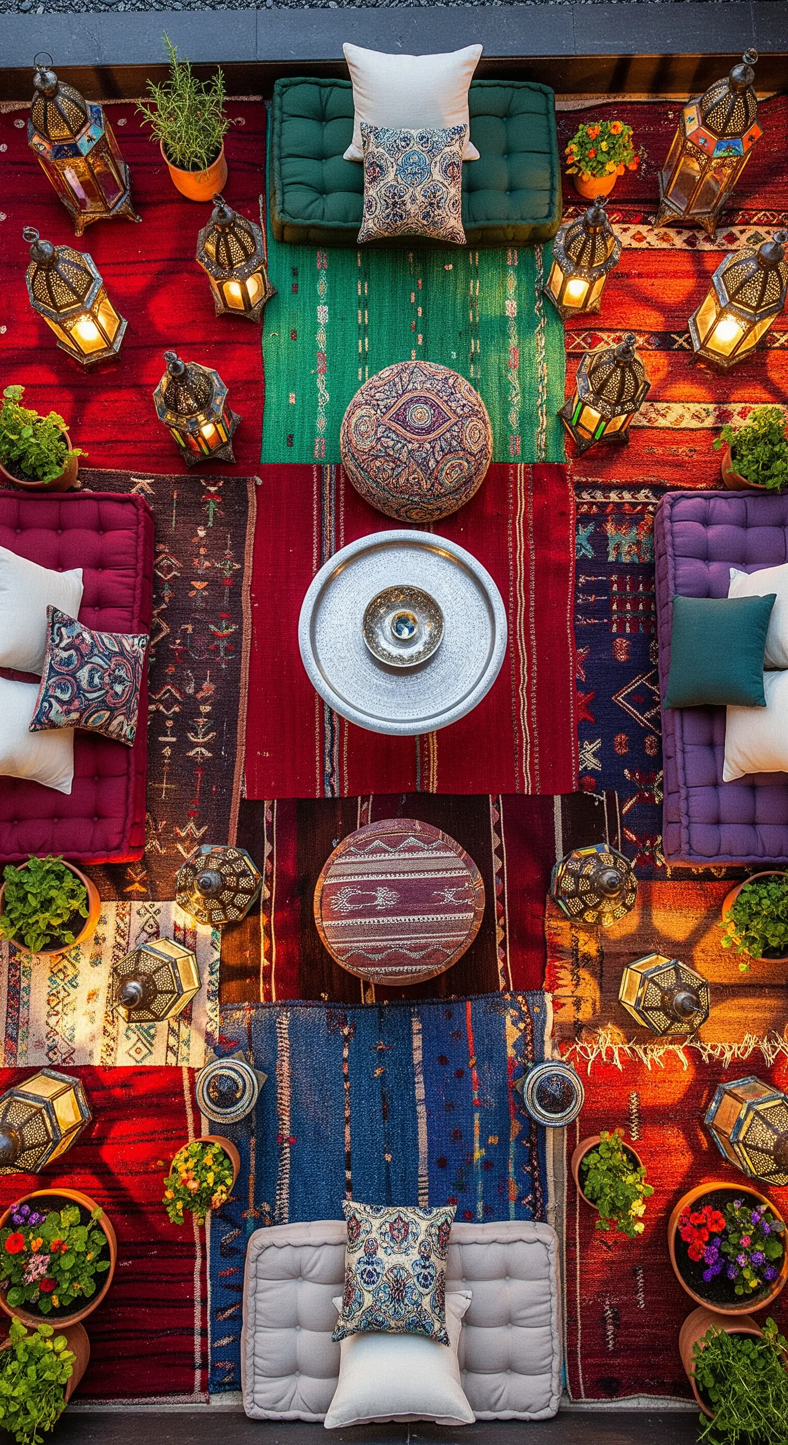 Vista dall'alto di un allestimento bohémien con tappeti kilim colorati e cuscini a terra.
