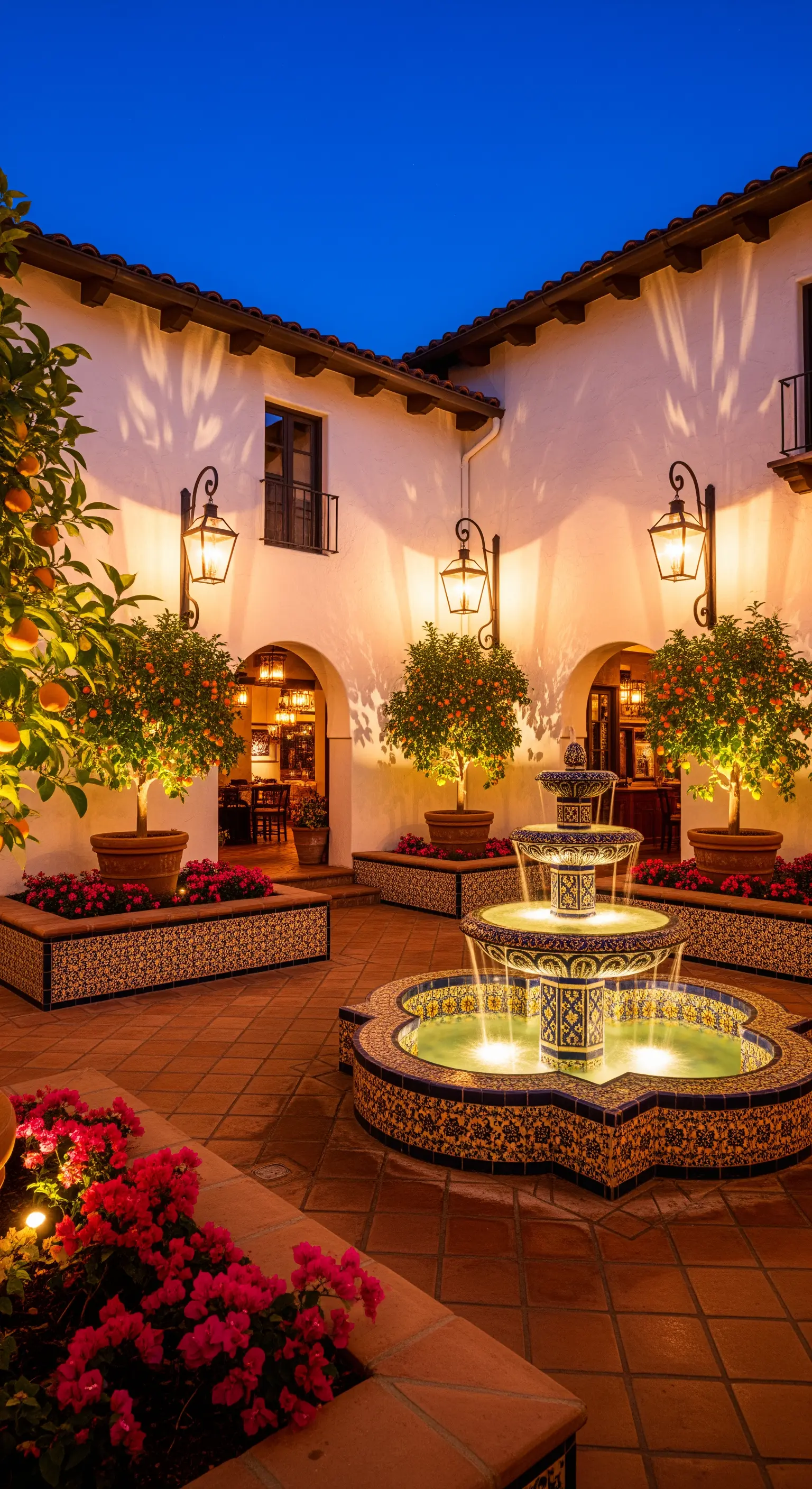 Patio in stile andaluso con fontana centrale in maiolica, lanterne e alberi d'arancio.
